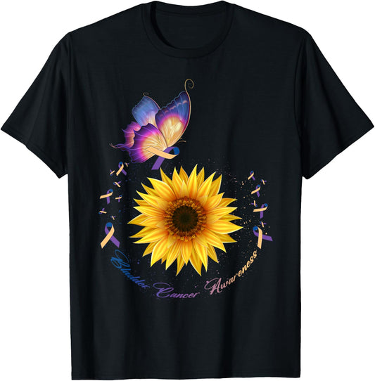 Butterfly & Sunflower Bladder Cancer Awareness Month Warrior T-Shirt - T-Shirt | Black