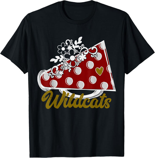 Cheer WILDCATS Shirt, Maroon Megaphone Heart Flower Accent T-Shirt - T-Shirt | Black
