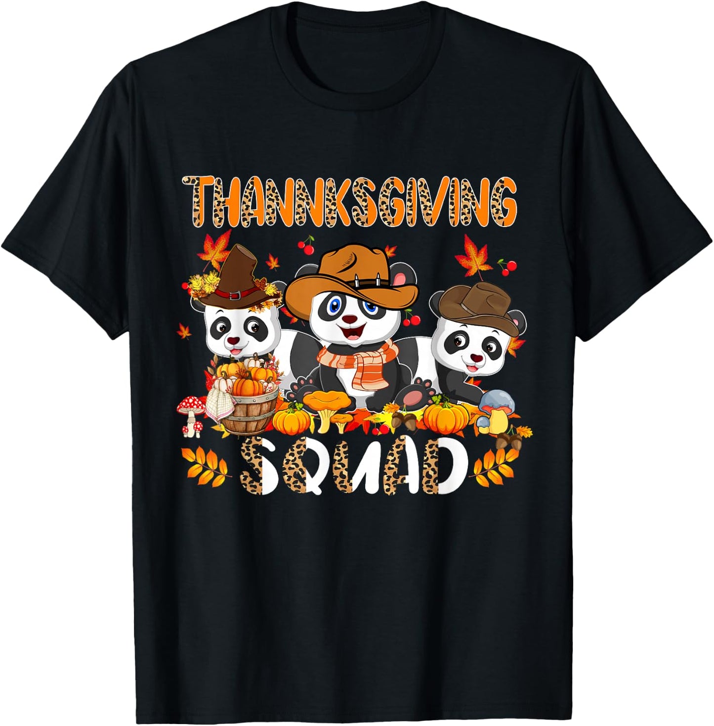 Thanksgiving Squad Leopard Three Fall Pandas Wearing Hat T-Shirt - T-Shirt | Black