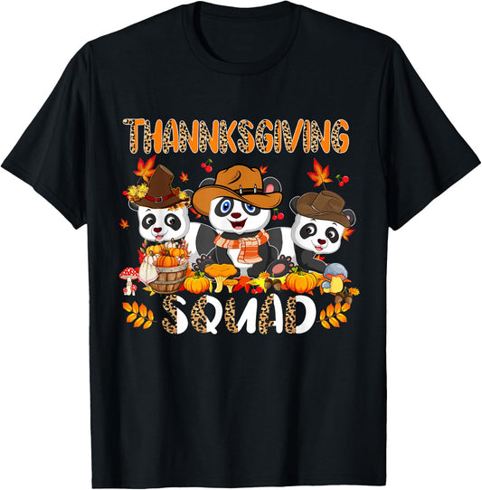 Thanksgiving Squad Leopard Three Fall Pandas Wearing Hat T-Shirt - T-Shirt | Black