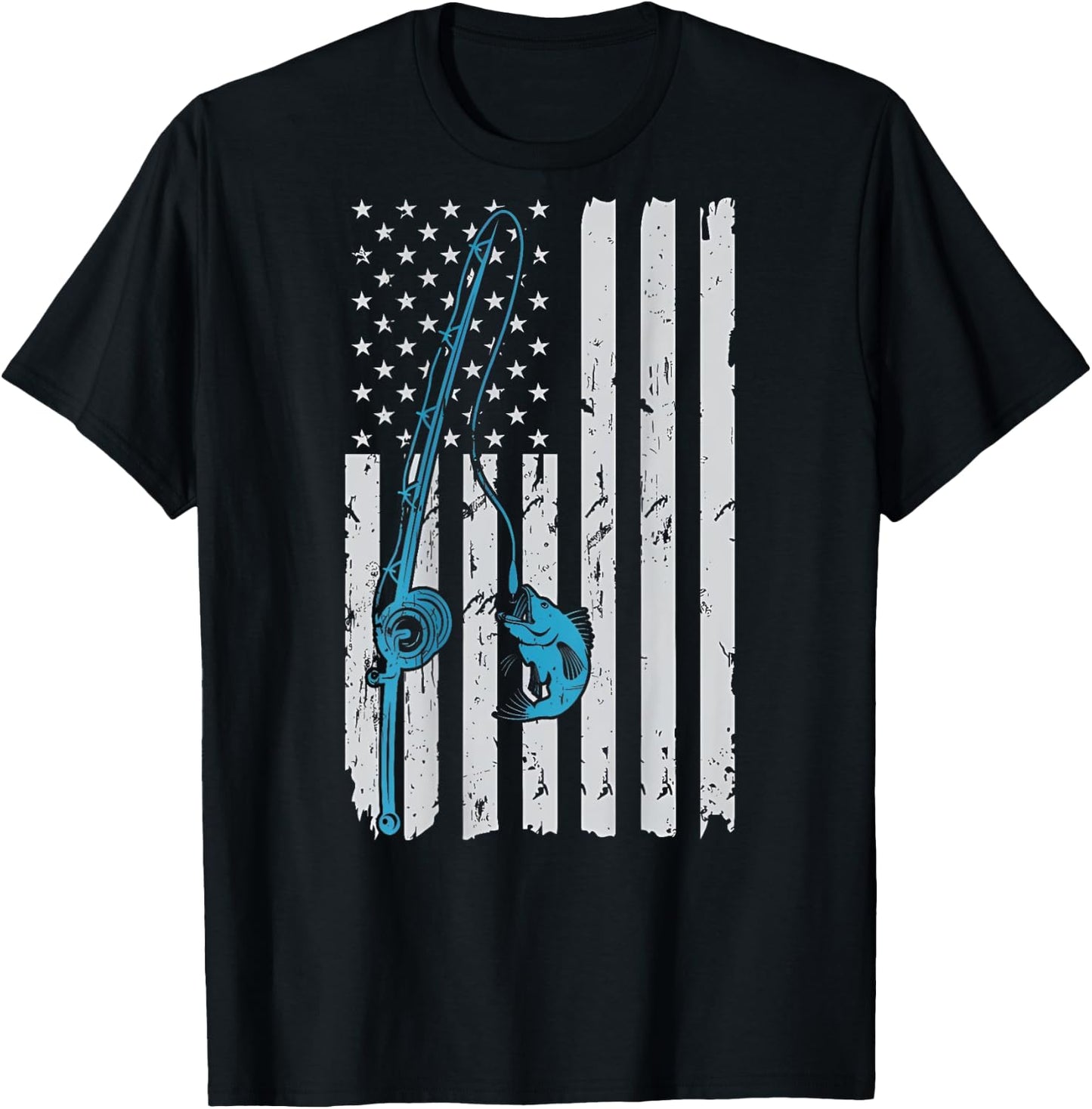 Vintage American Flag Fishing Fisherman Patriotic (ON BACK) T-Shirt - T-Shirt | Black