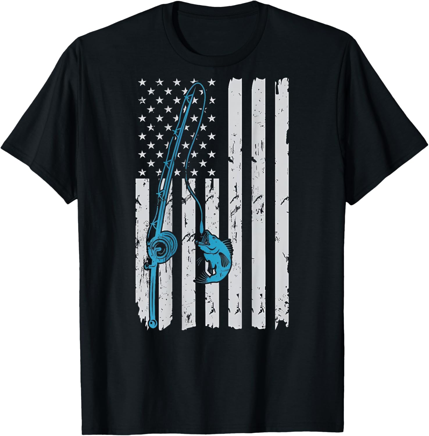 Vintage American Flag Fishing Fisherman Patriotic (ON BACK) T-Shirt - T-Shirt | Black