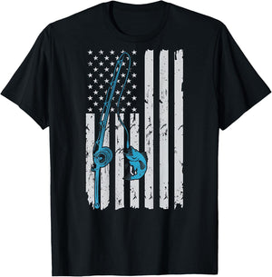 Vintage American Flag Fishing Fisherman Patriotic (ON BACK) T-Shirt - T-Shirt | Black