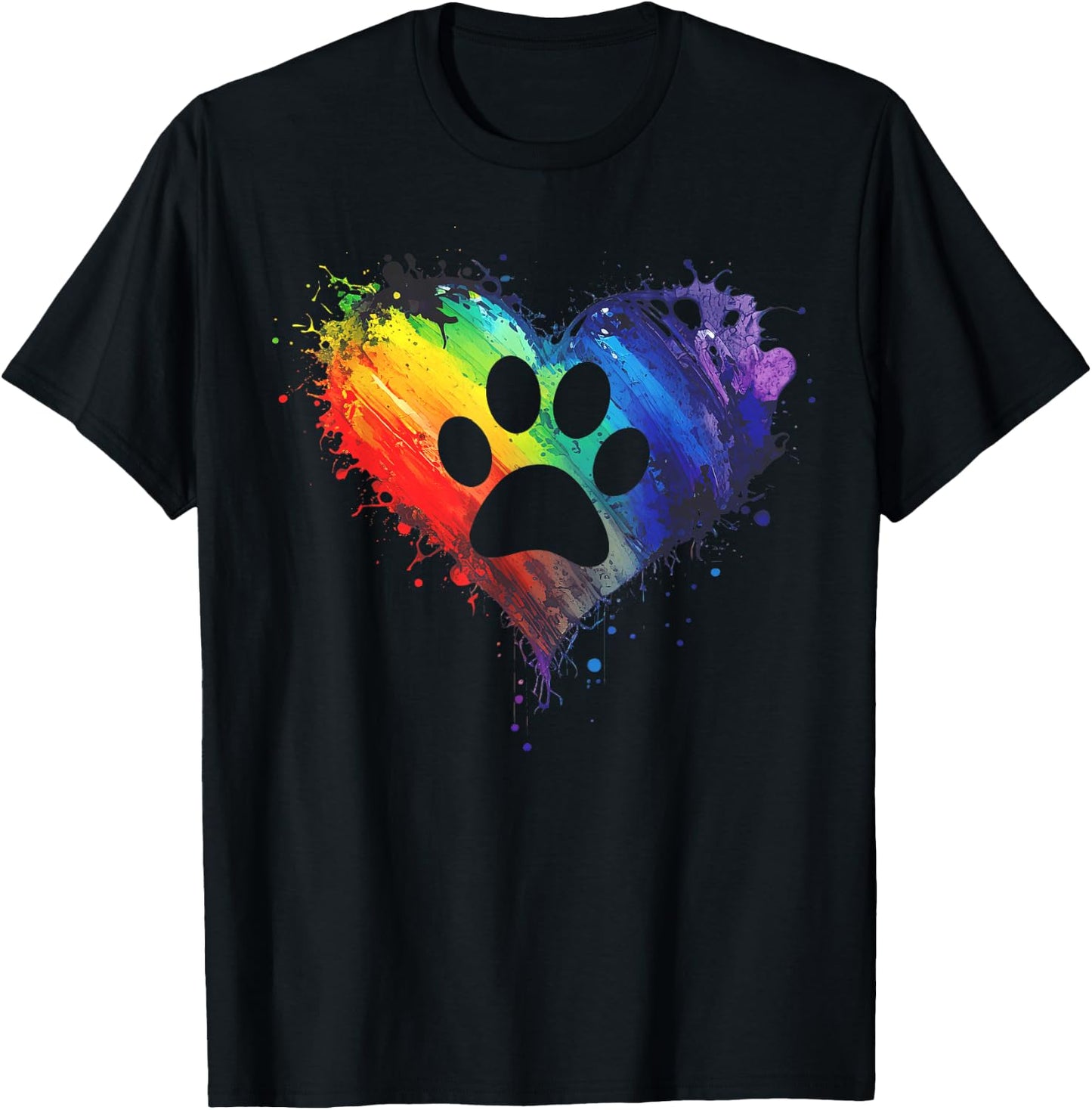 Rainbow Pawprint - Dog paw Print Design with Colorful Heart T-Shirt - T-Shirt | Black