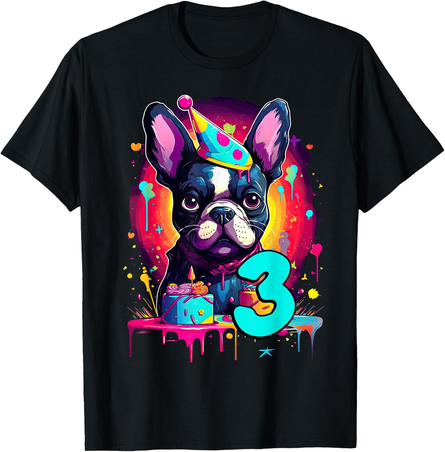 French Bulldog Dog 3rd Birthday Themed Party 3 Years Old Men Women Kids T-Shirt - T-Shirt | Black