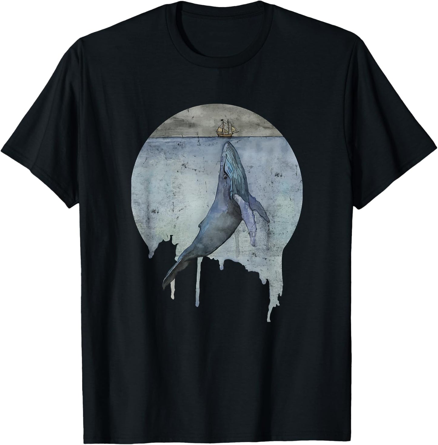 Humpback Whale Ship At Sea Distressed Watercolor Ocean Sea T-Shirt - T-Shirt | Black