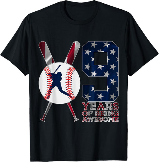 9 Years of Being Awesome Baseball 9th Birthday T-Shirt - T-Shirt | Black