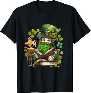 leprechaun Reading Books shamrock saint Patrick's day T-Shirt - T-Shirt | Black