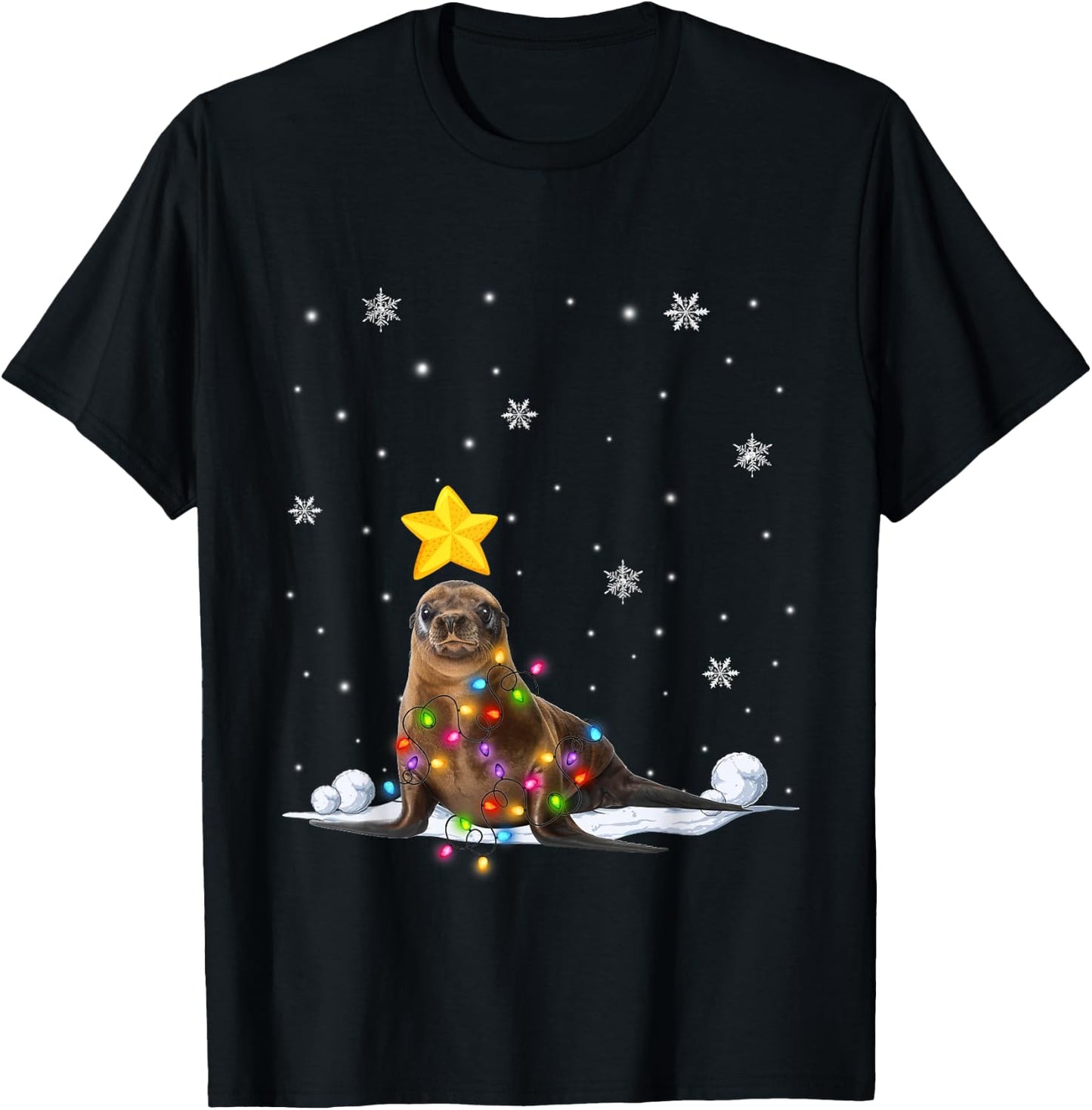 Funny Xmas Sea lion Animals Lover Christmas Tree Lights T-Shirt - T-Shirt | Black