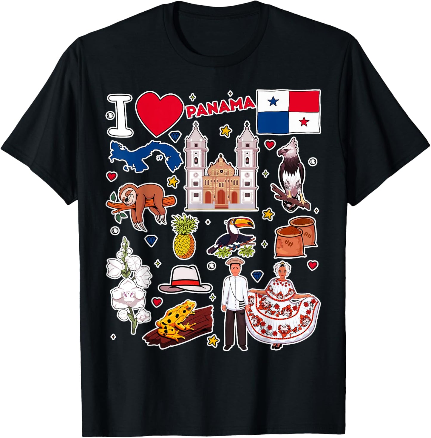 Panamanian hand drawn symbols, Panama map, cultural icons T-Shirt - T-Shirt | Black