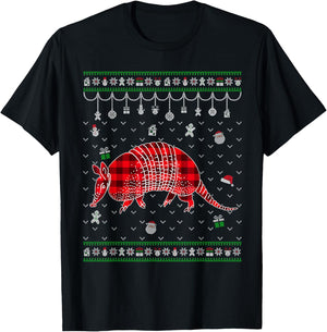 Red Plaid Armadillo Lover Funny Ugly Christmas Sweater T-Shirt - T-Shirt | Black