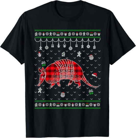 Red Plaid Armadillo Lover Funny Ugly Christmas Sweater T-Shirt - T-Shirt | Black