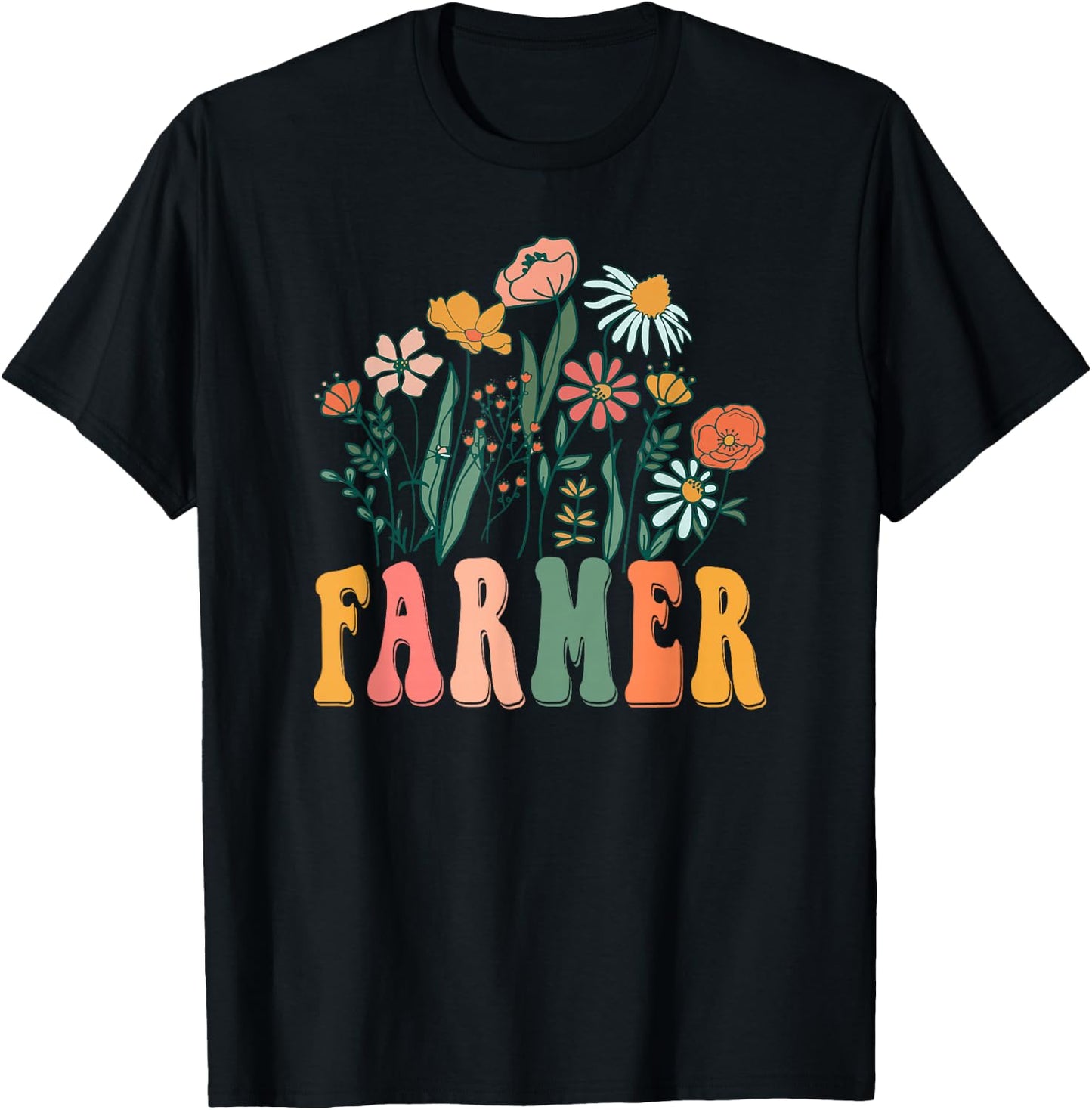 Retro Groovy floral Farmer Wildflower T-Shirt - T-Shirt | Black