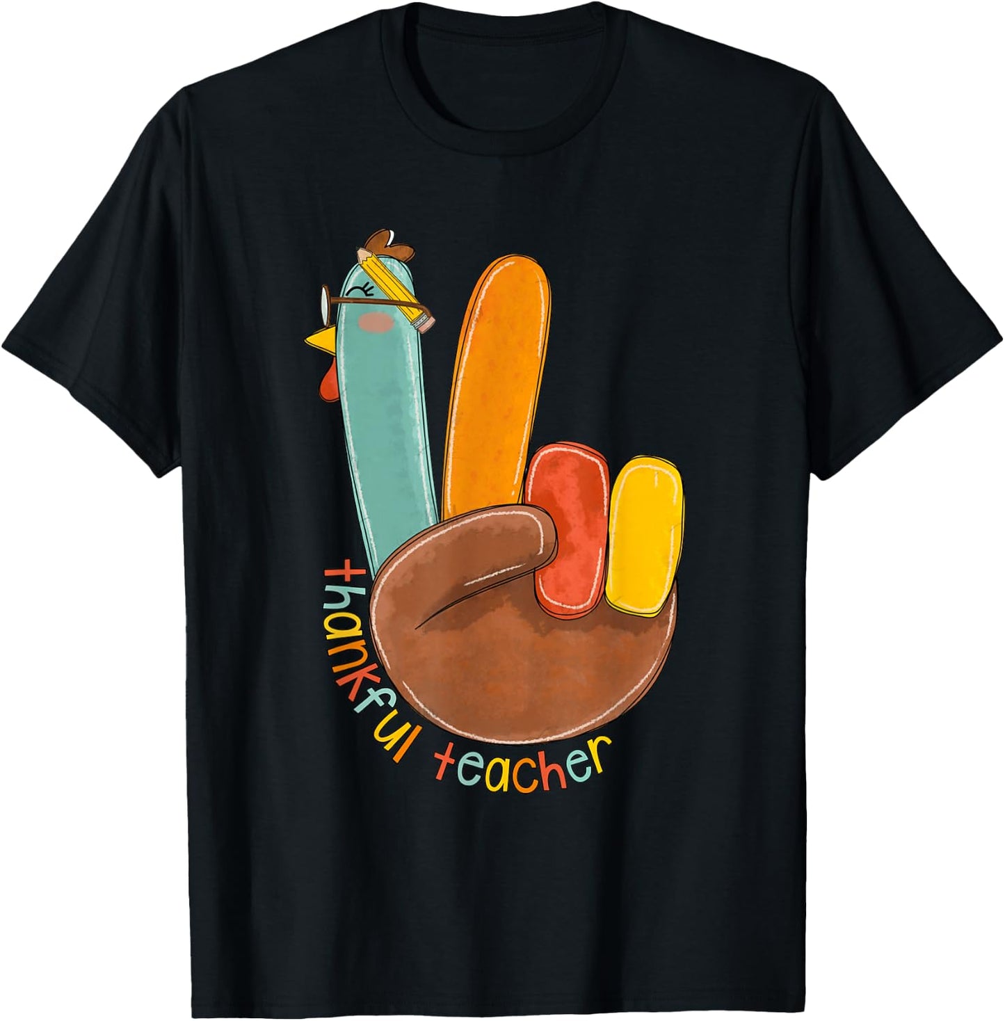 One Thankful Teacher Thanksgiving Turkey Peace Hand Sign T-Shirt - T-Shirt | Black
