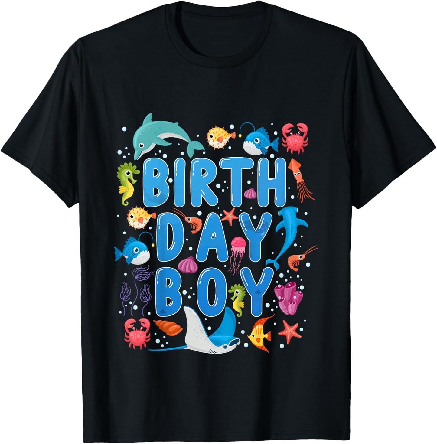 Kids Birthday Boy Ocean Animals Theme Birthday Party Under Sea T-Shirt - T-Shirt | Black