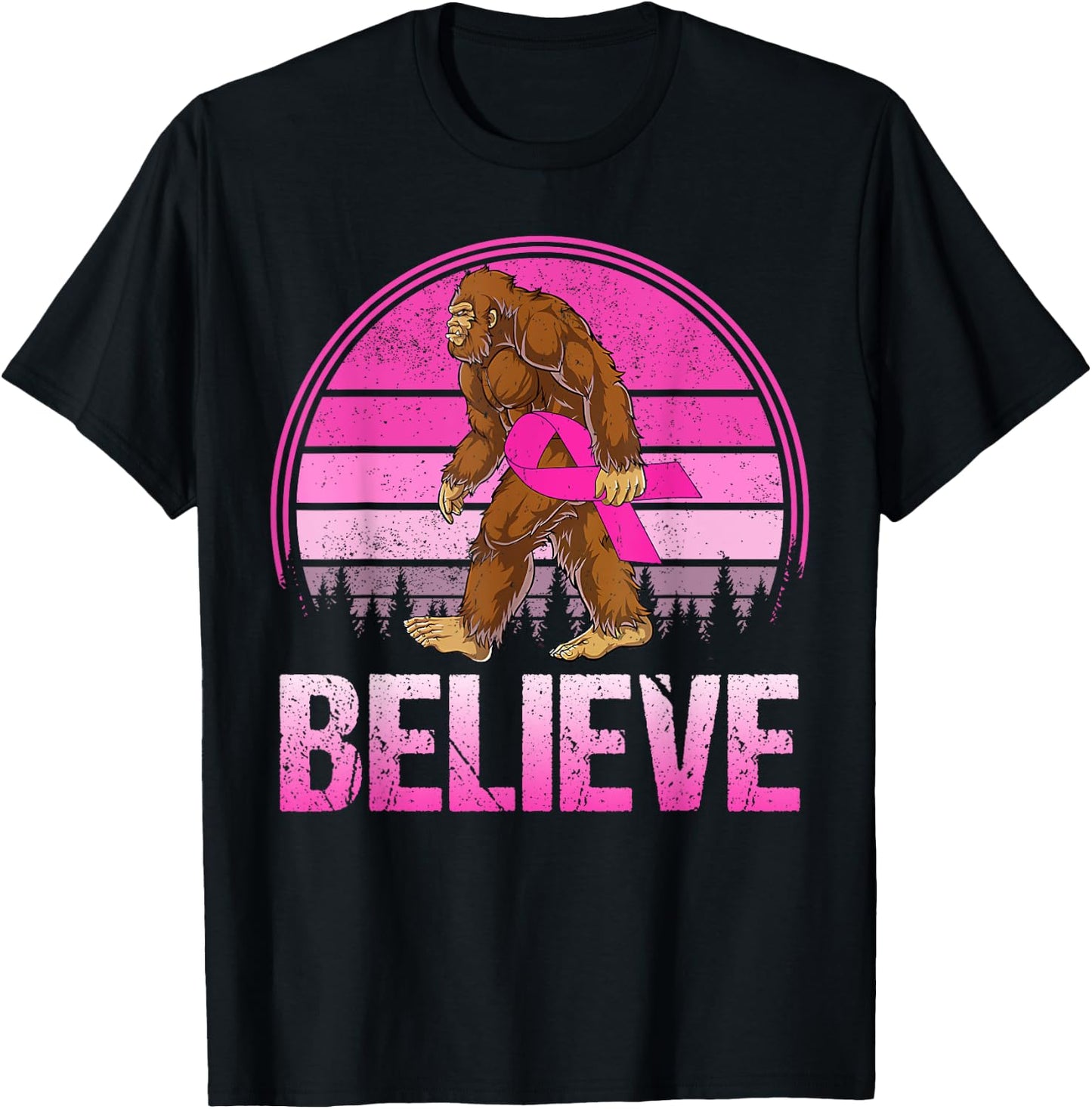 Retro Believe Breast Cancer Bigfoot & Pink Ribbon Sasquatch T-Shirt - T-Shirt | Black