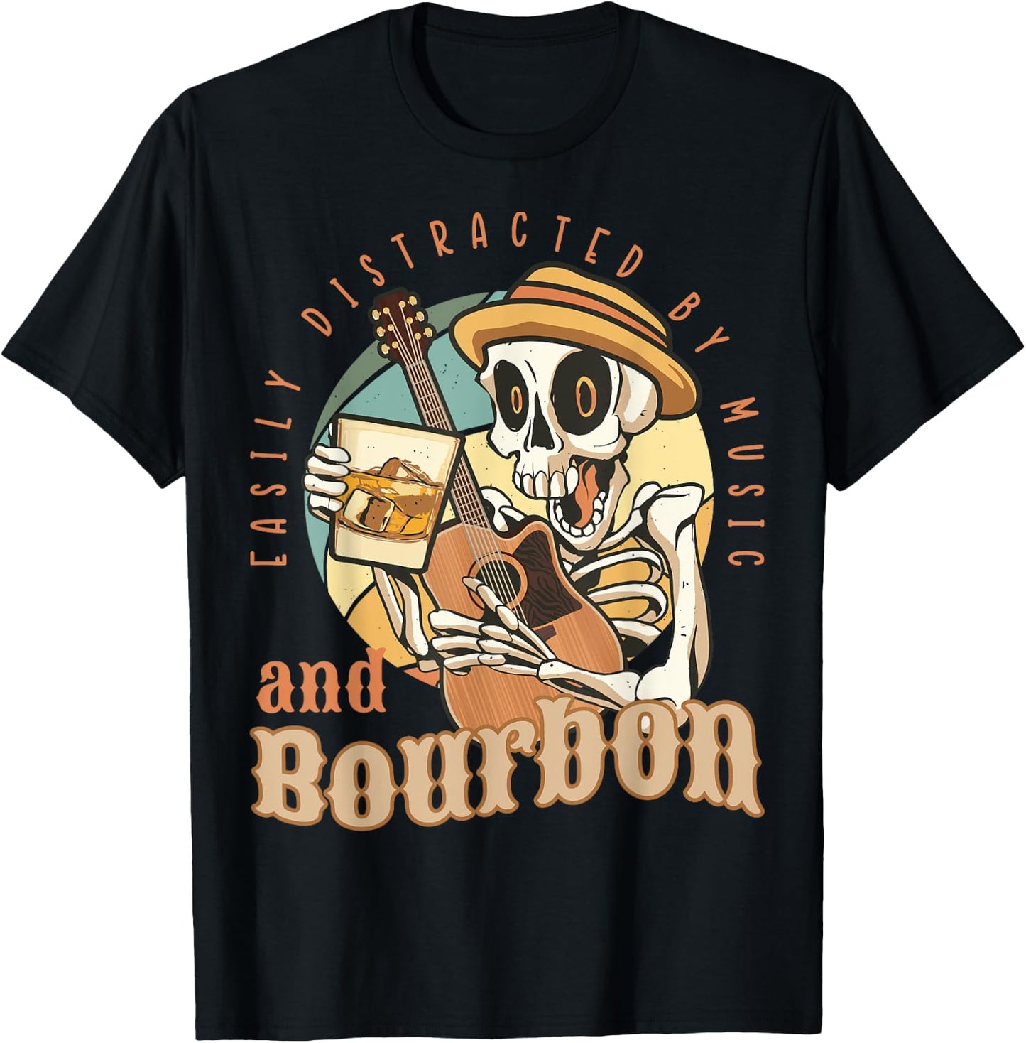 Easily Distracted By Music And Bourbon Funny Bourbon T-Shirt - T-Shirt | Black