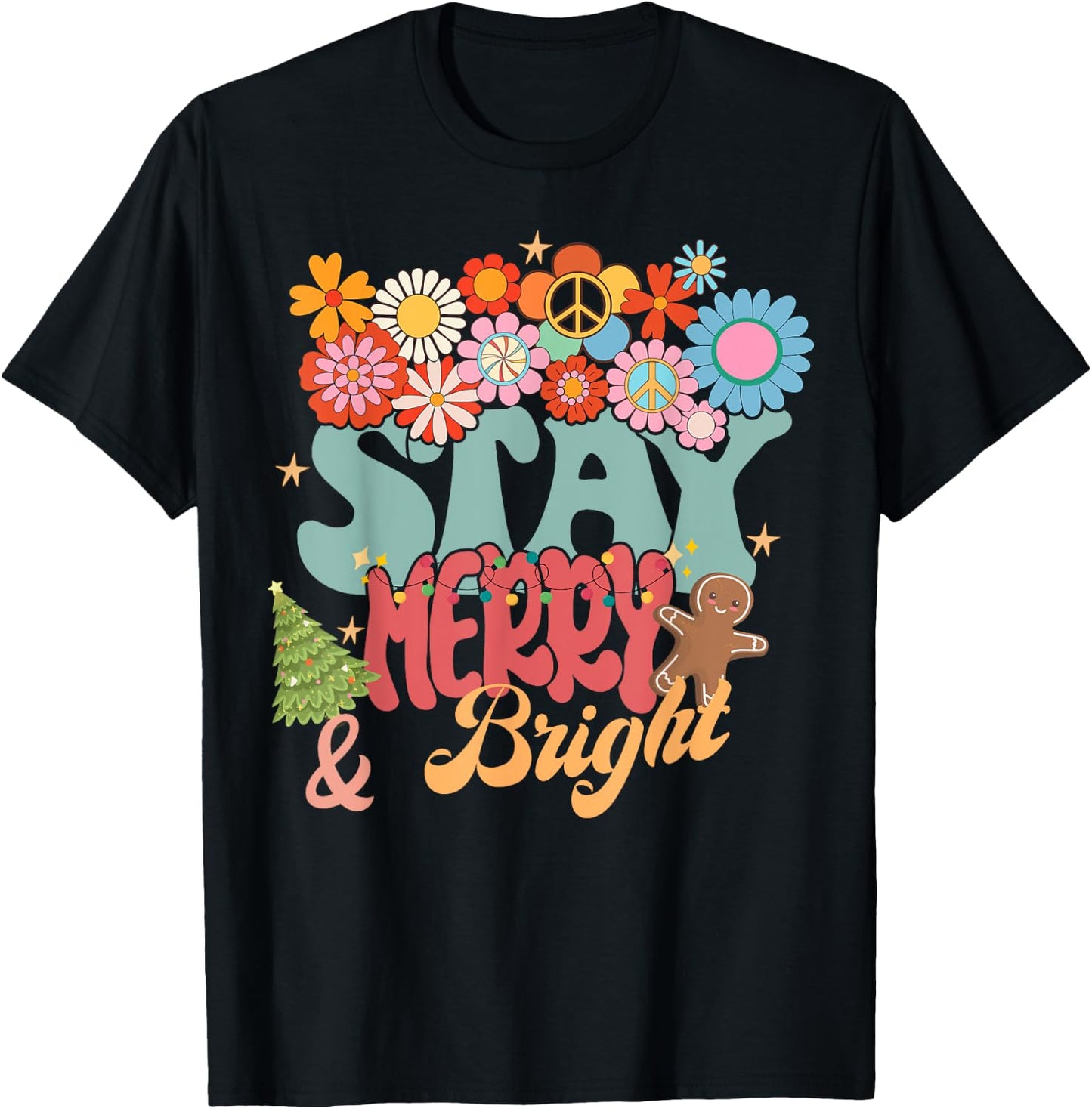Retro Groovy Peace Stay Christmas Merry Bright Hippie Santa T-Shirt - T-Shirt | Black