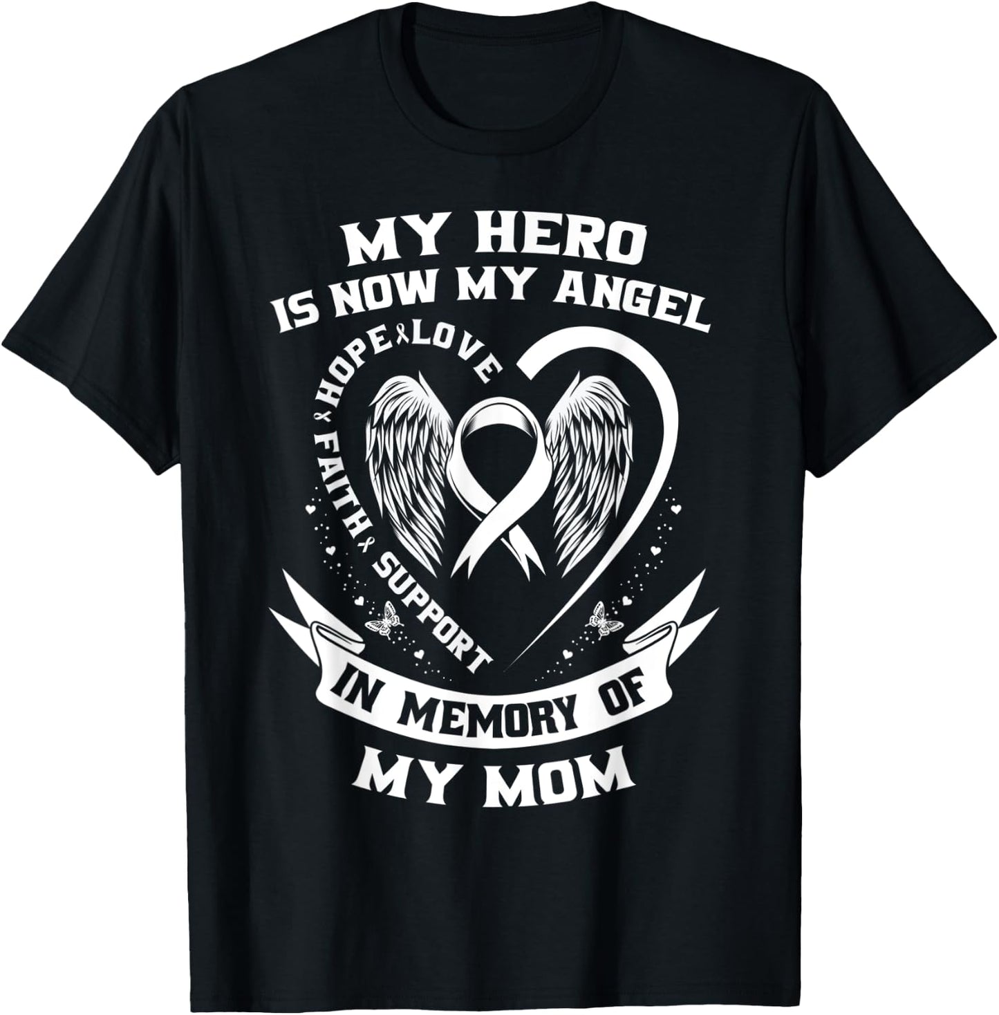 In Memory of Mom Lung Cancer Awareness Wings Heart Memorial T-Shirt - T-Shirt | Black