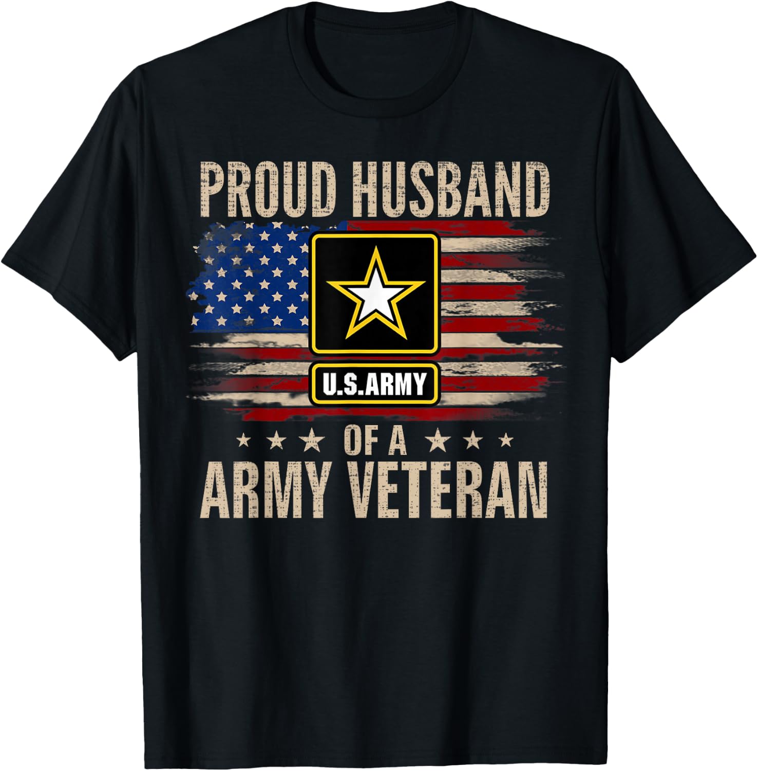 Vintage Proud Husband Of A Army Veteran With American Flag T-Shirt - T-Shirt | Black