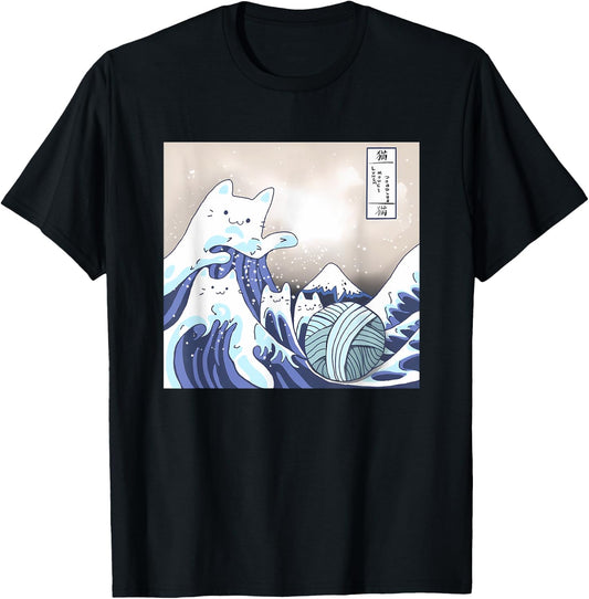 Funny Great Cat Wave Japannese Art T-Shirt - T-Shirt | Black