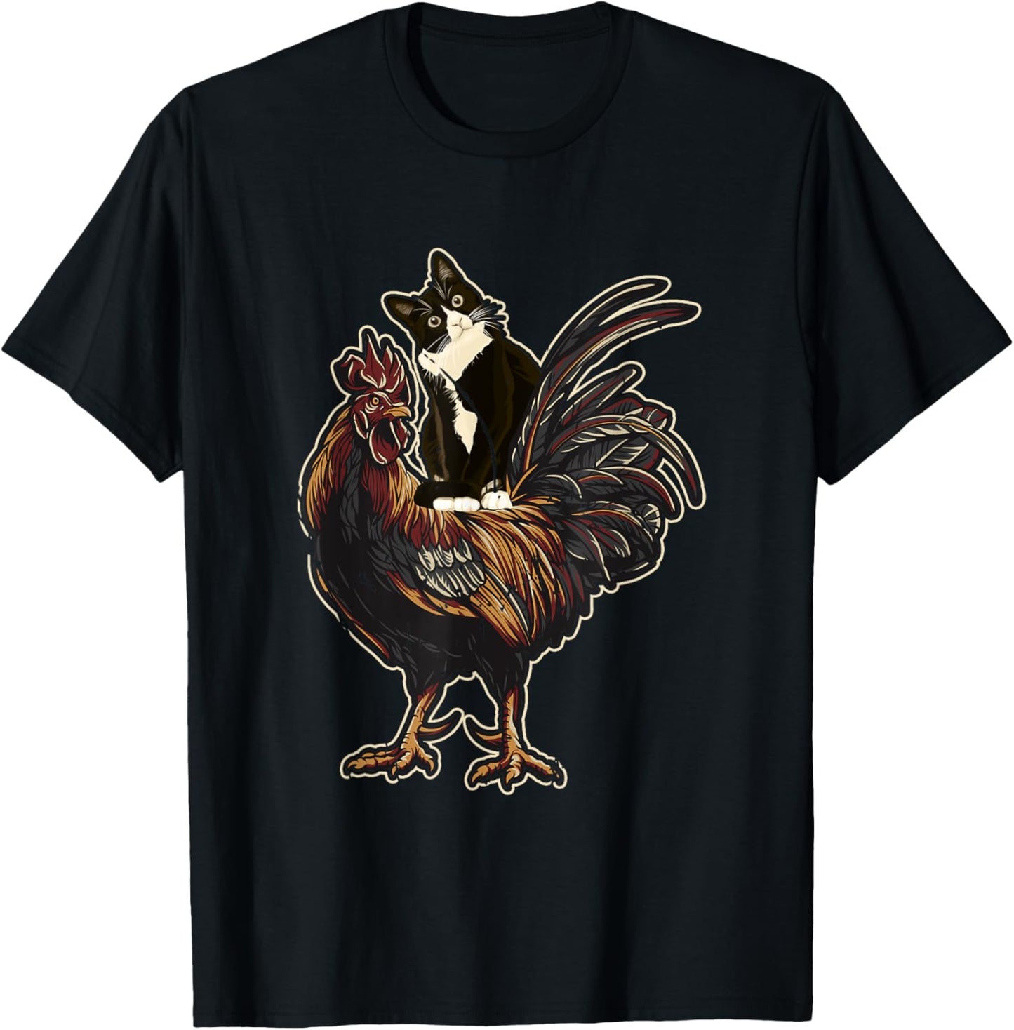 Black Cat Riding a Chicken Rooster Funny Animal Farming Men Women Girls Kids T-Shirt - T-Shirt | Black