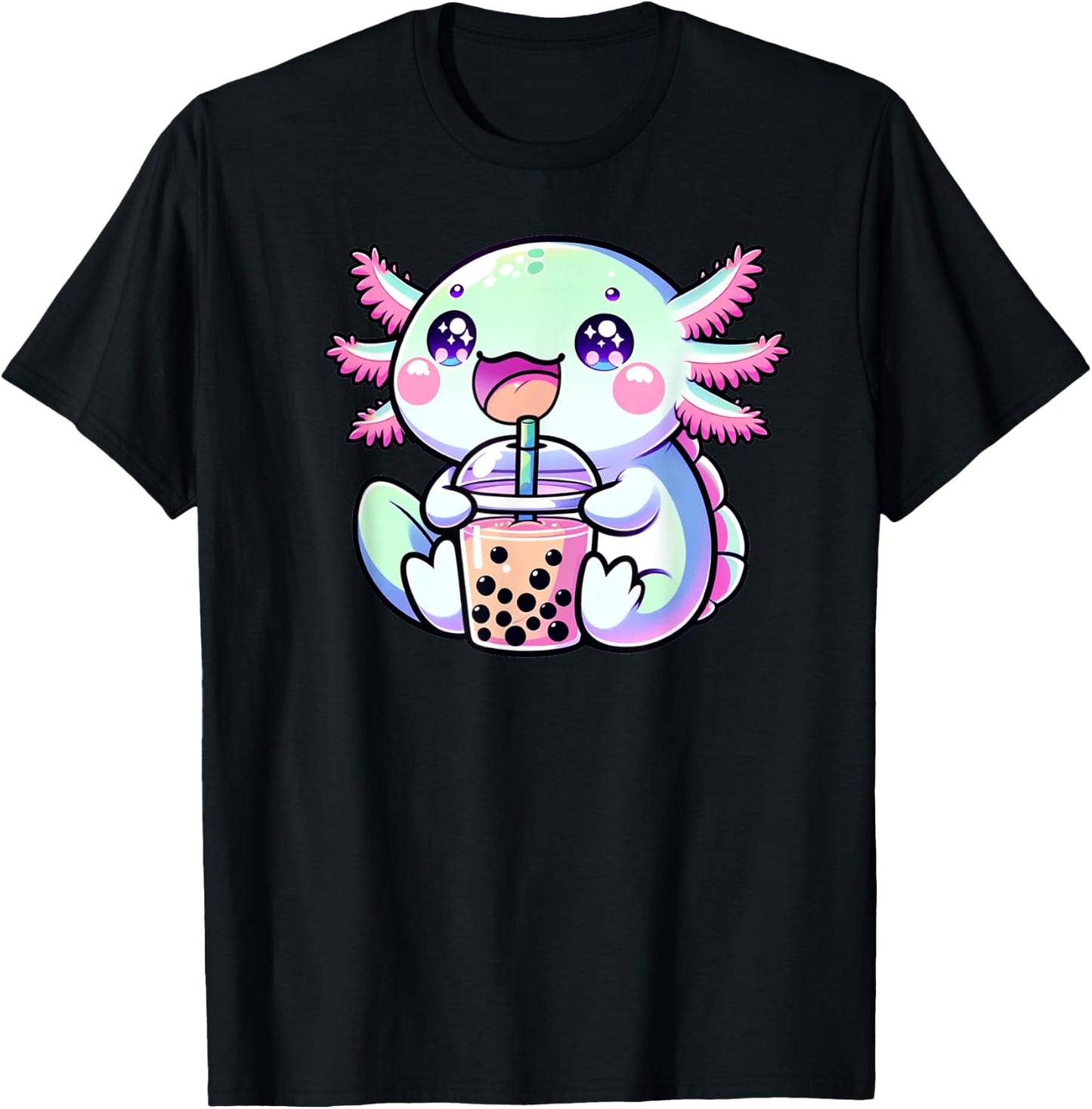 Cute Kawaii Axolotl Boba Bubble Tea Blue Pink Anime Bobalotl Men Women Kids T-Shirt - T-Shirt | Black