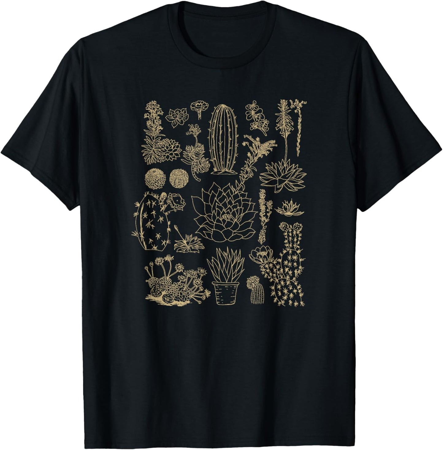 Cactus Grid Desert Plants Collage Outline Art T-Shirt - T-Shirt | Black