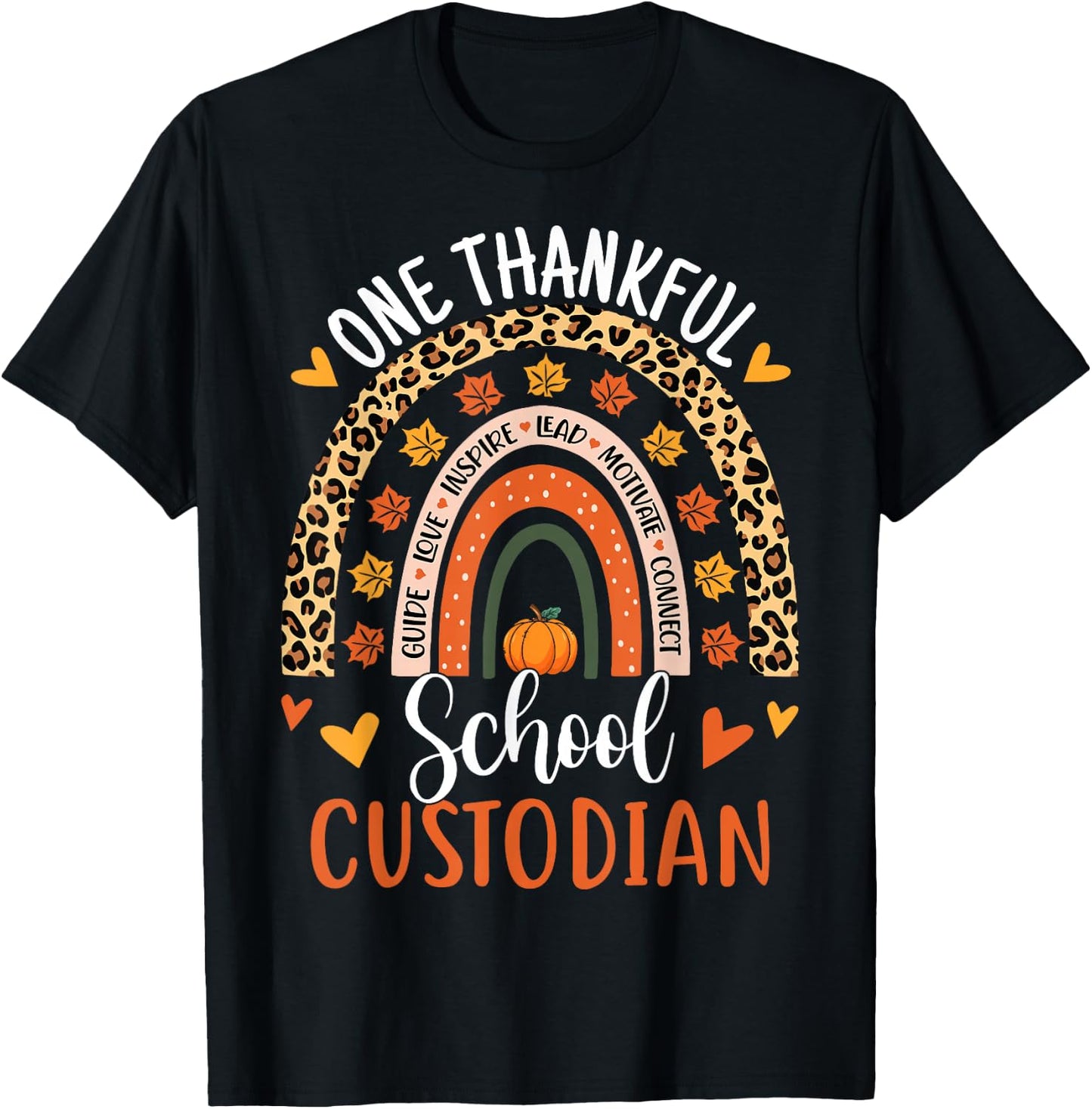One Thankful School Custodian Thanksgiving Rainbow Leopard T-Shirt - T-Shirt | Black