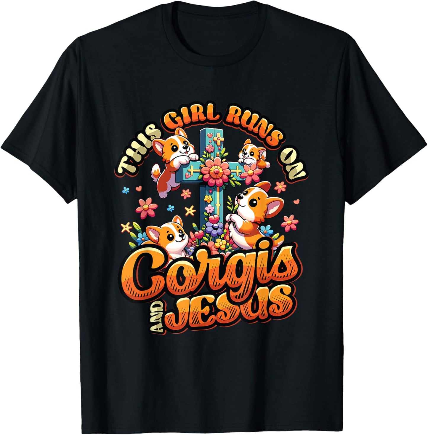 Corgis And Jesus Cute Corgis Christian Cross Girls Corgi T-Shirt - T-Shirt | Black
