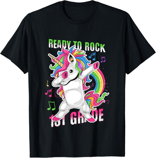 Kids Cute Girls Unicorn Ready To Rock 1st Grade Graphic T-Shirt - T-Shirt | Black