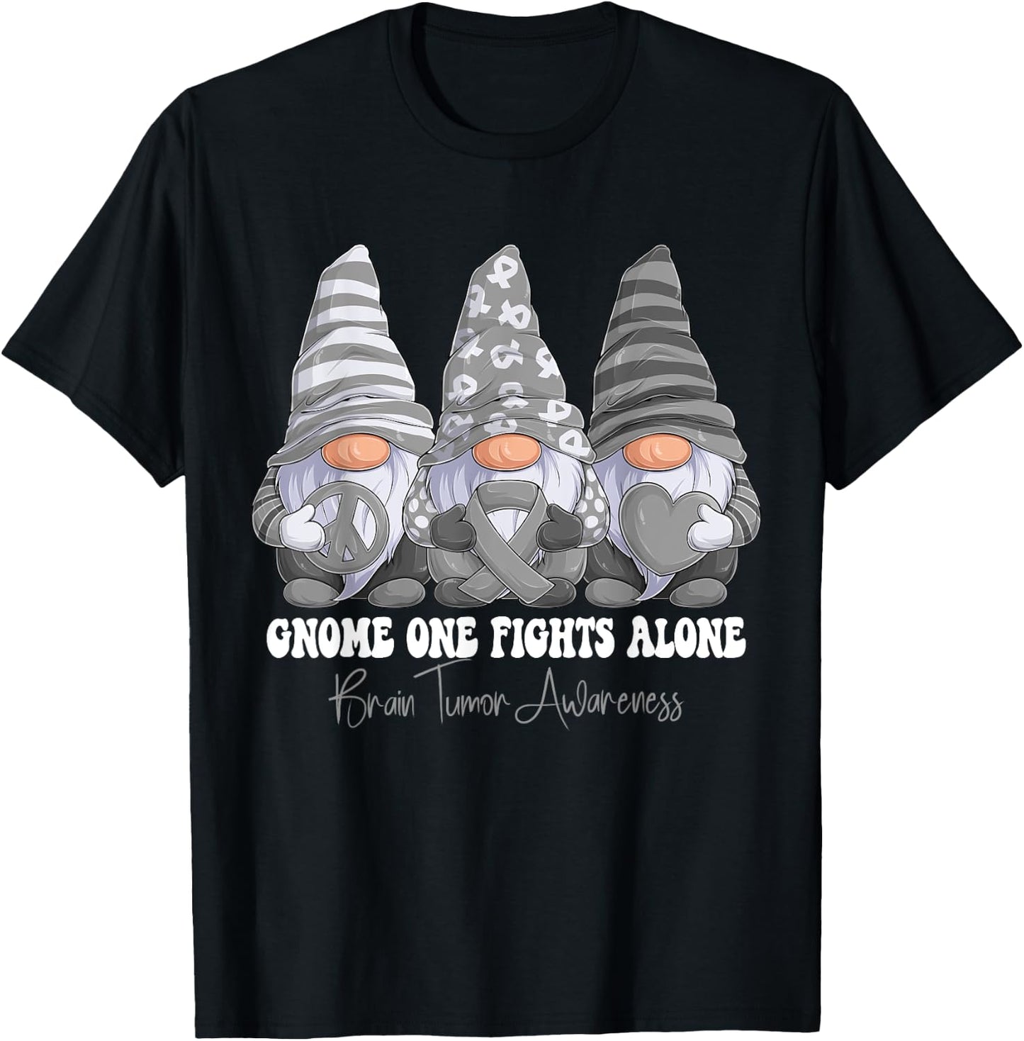 Brain Tumor Awareness Month Gray Ribbon Gnomies Support T-Shirt - T-Shirt | Black