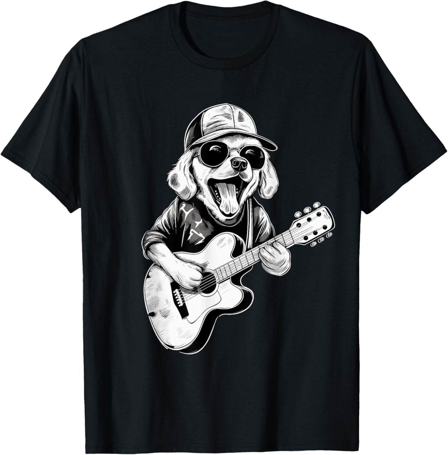 Golden Retriever Dog Playing Guitar Rock on Guitarist Women T-Shirt - T-Shirt | Black