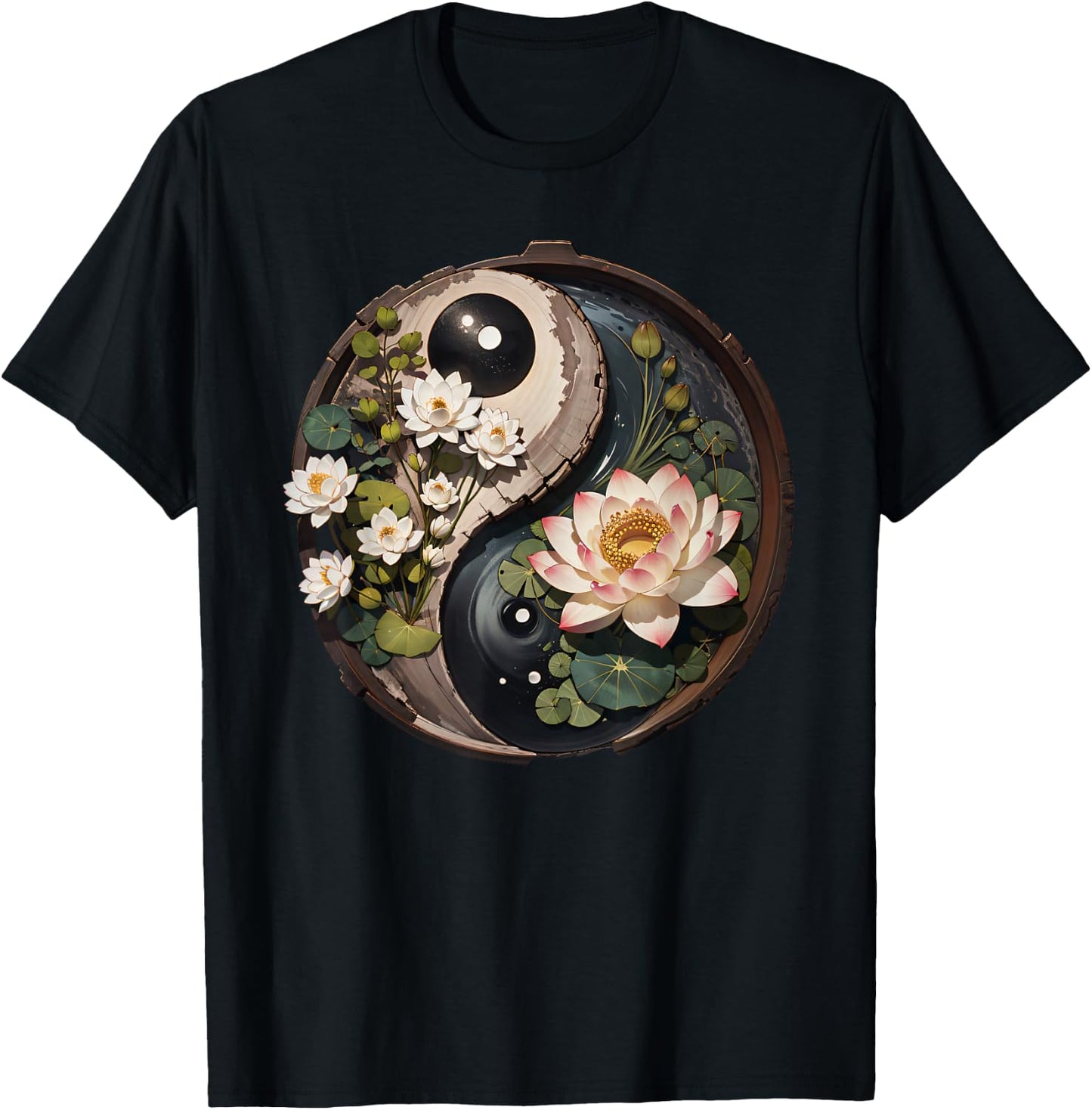 Lotus Flower Pond Yin Yang T-Shirt - T-Shirt | Black