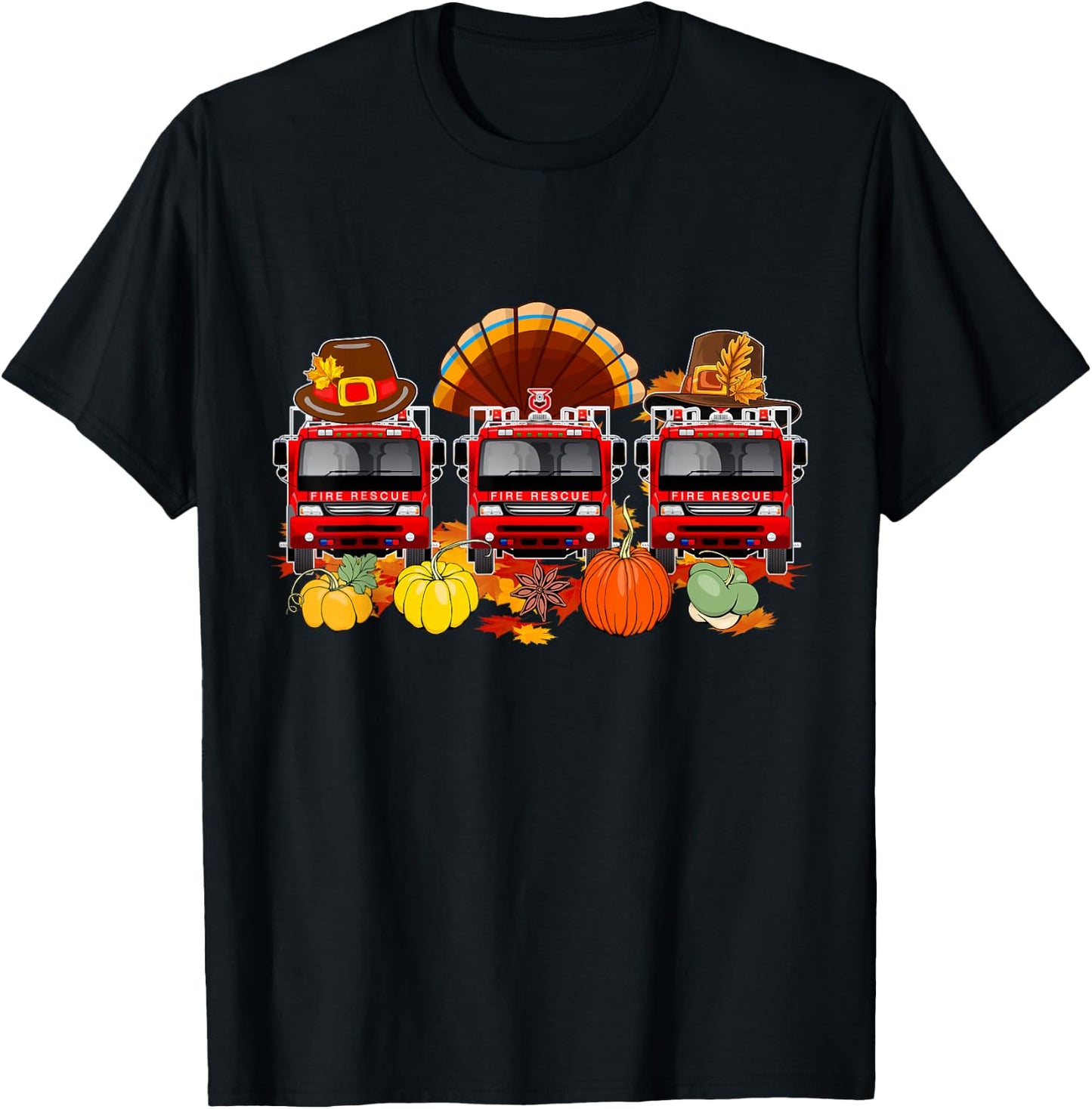 Thanksgiving Three Cute Fire Trucks As Turkey Autumn Driver T-Shirt - T-Shirt | Black