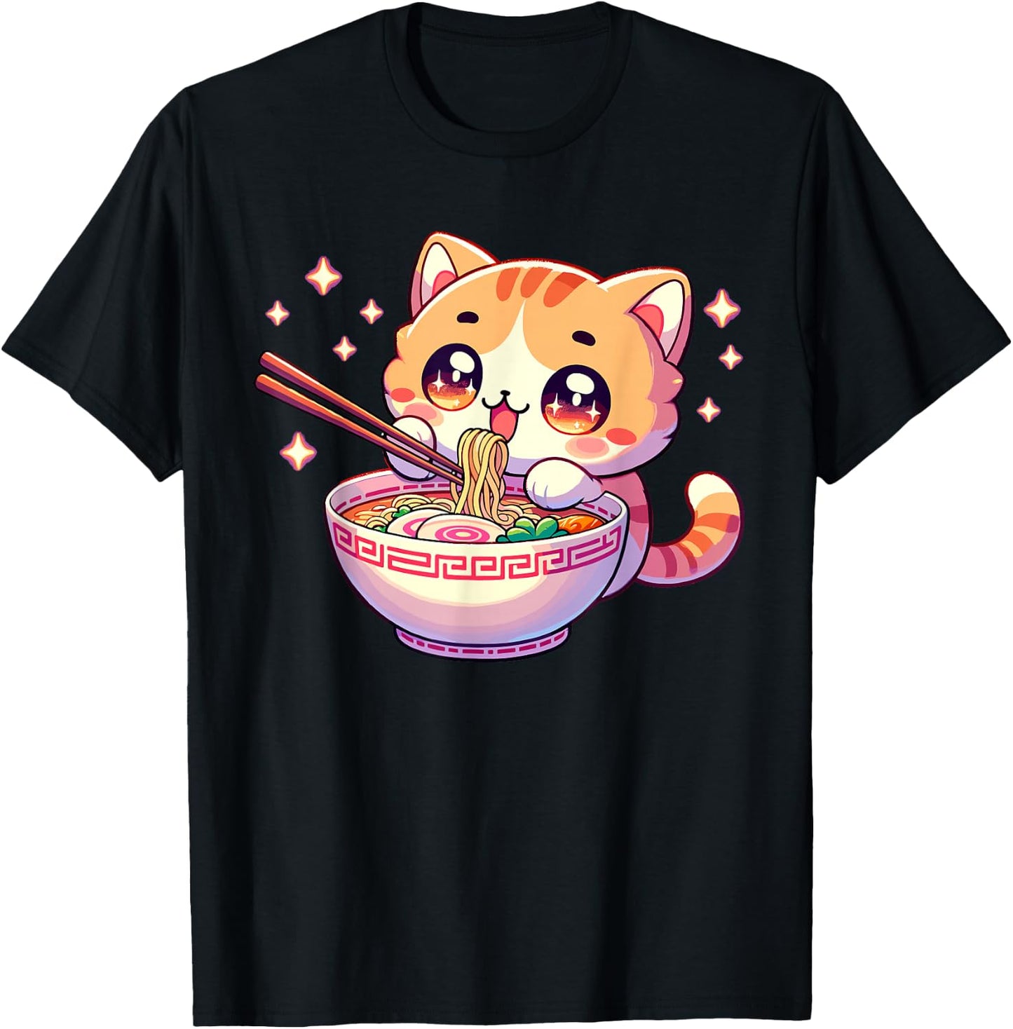 Japanese Kawaii Kitten Anime Cat Eating Ramen Women Girls T-Shirt - T-Shirt | Black