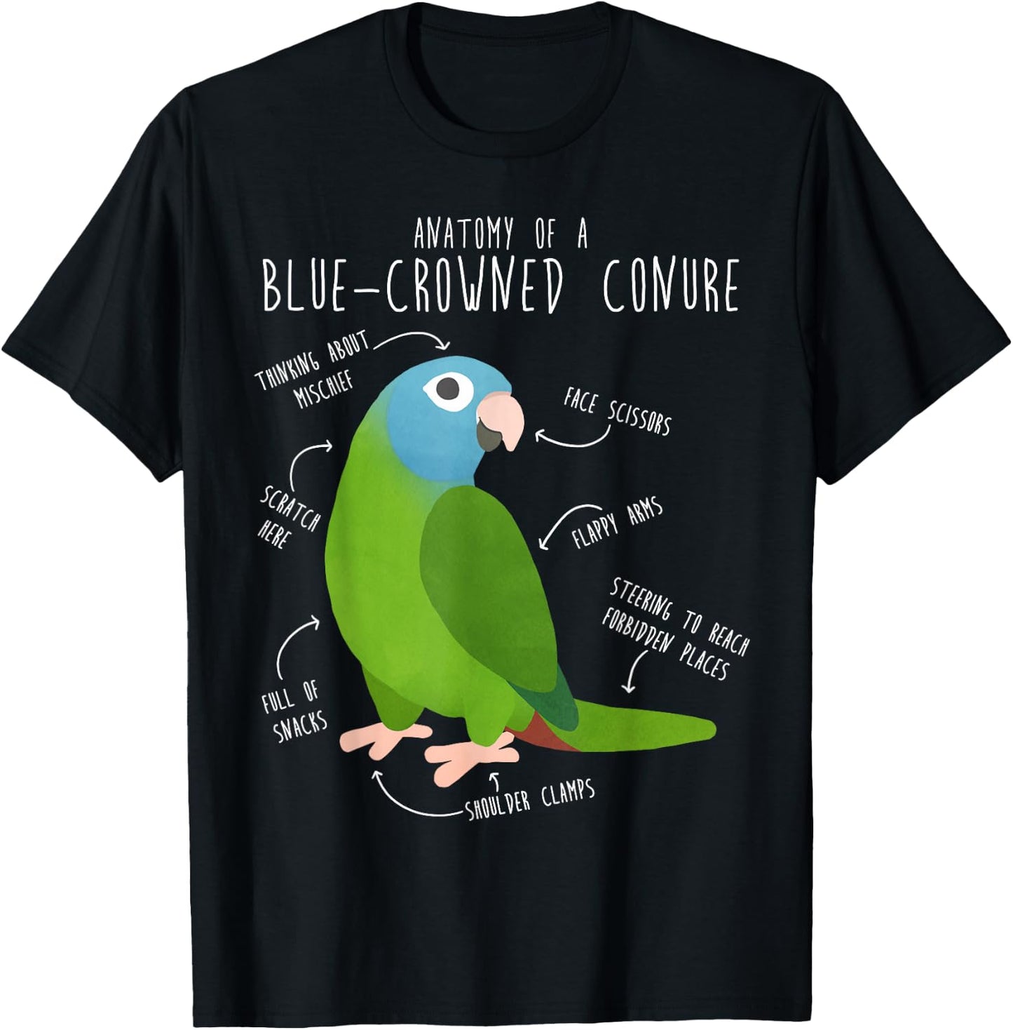 Blue-Crowned Conure Parrot Anatomy, Funny Cute Pet Bird Mom T-Shirt - T-Shirt | Black