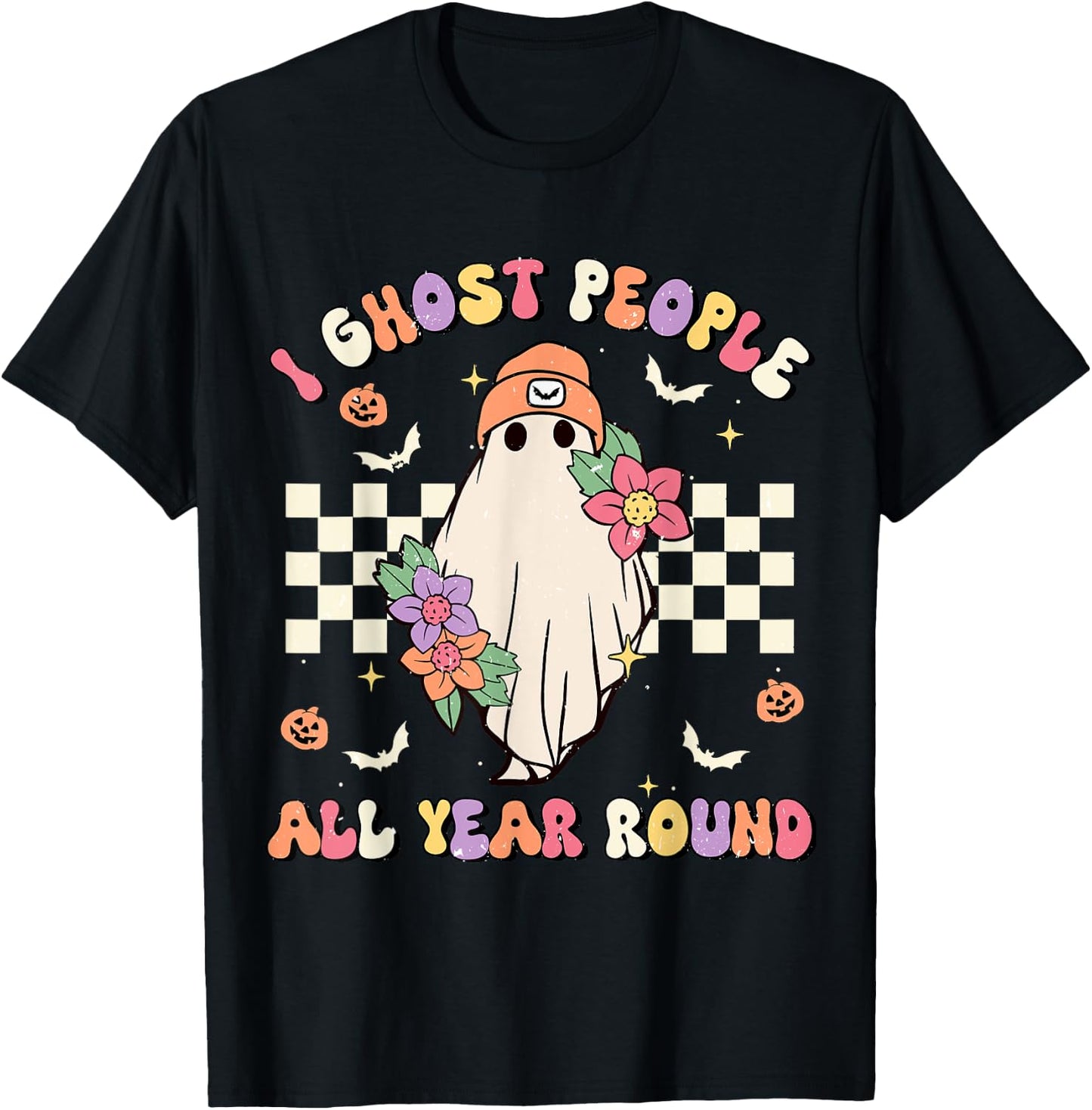 I Ghost People All Year Round Retro Halloween Ghost Floral T-Shirt - T-Shirt | Black
