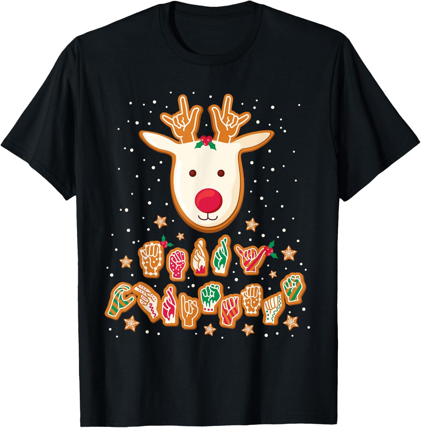 ASL Christmas Reindeer American Sign Language Gingerbread T-Shirt - T-Shirt | Black