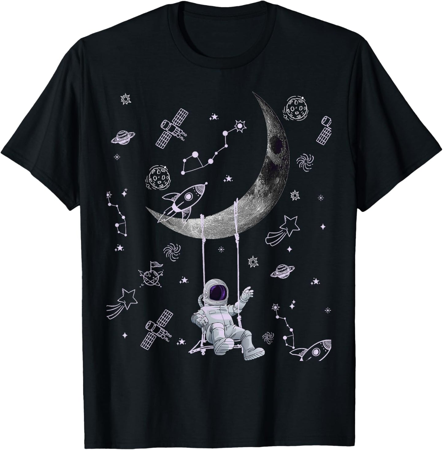 Funny Astronaut Purple Moon Swing NASA Space Science Teacher T-Shirt - T-Shirt | Black