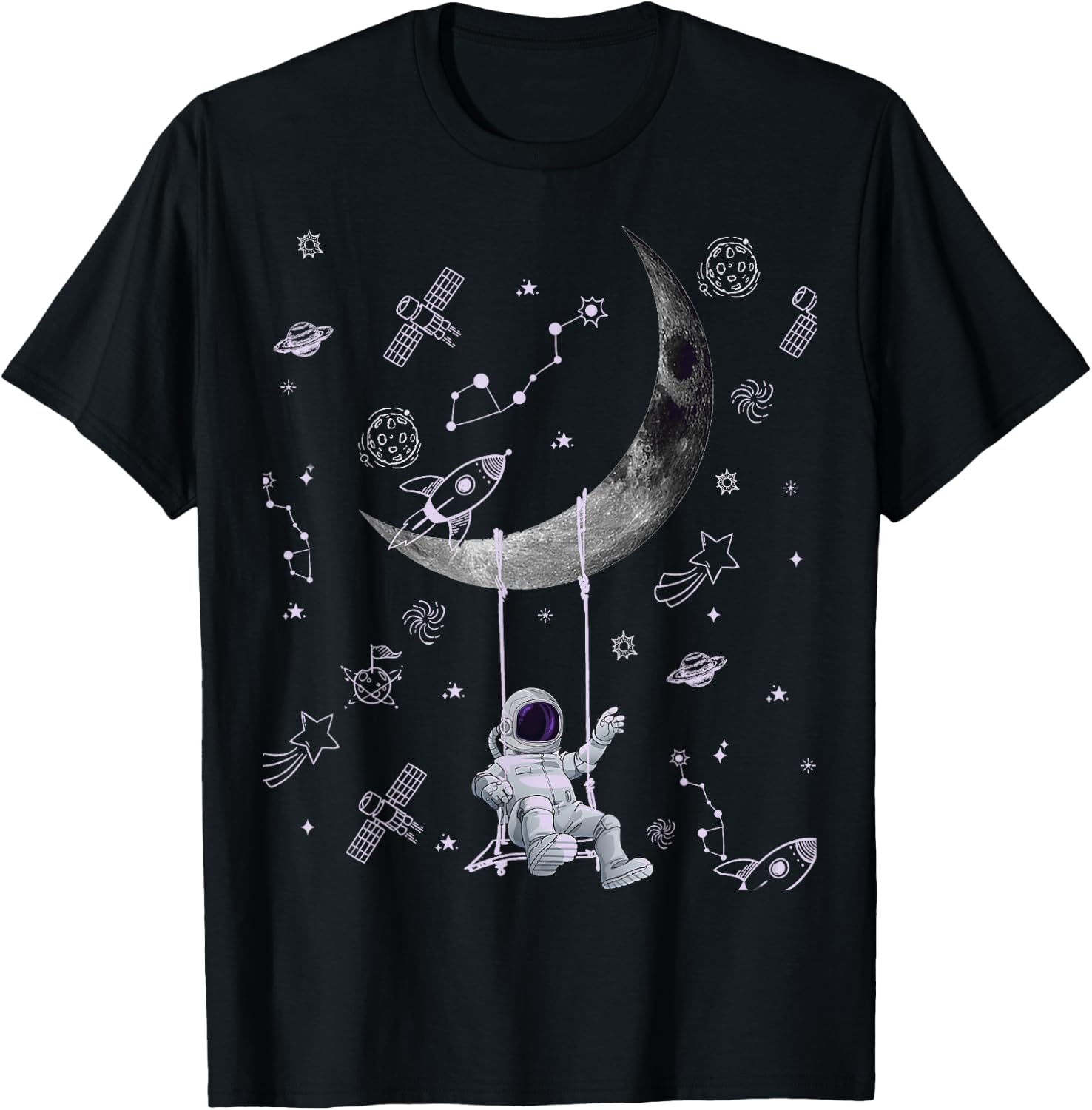 Funny Astronaut Purple Moon Swing NASA Space Science Teacher T-Shirt - T-Shirt | Black