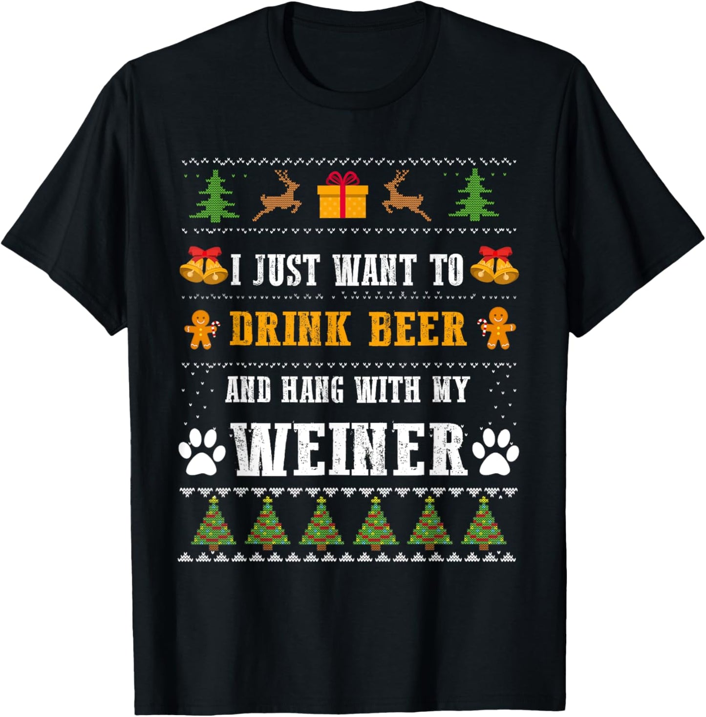 Drink Beer Funny Weiner Dachshund Dog Ugly Christmas Sweater T-Shirt - T-Shirt | Black