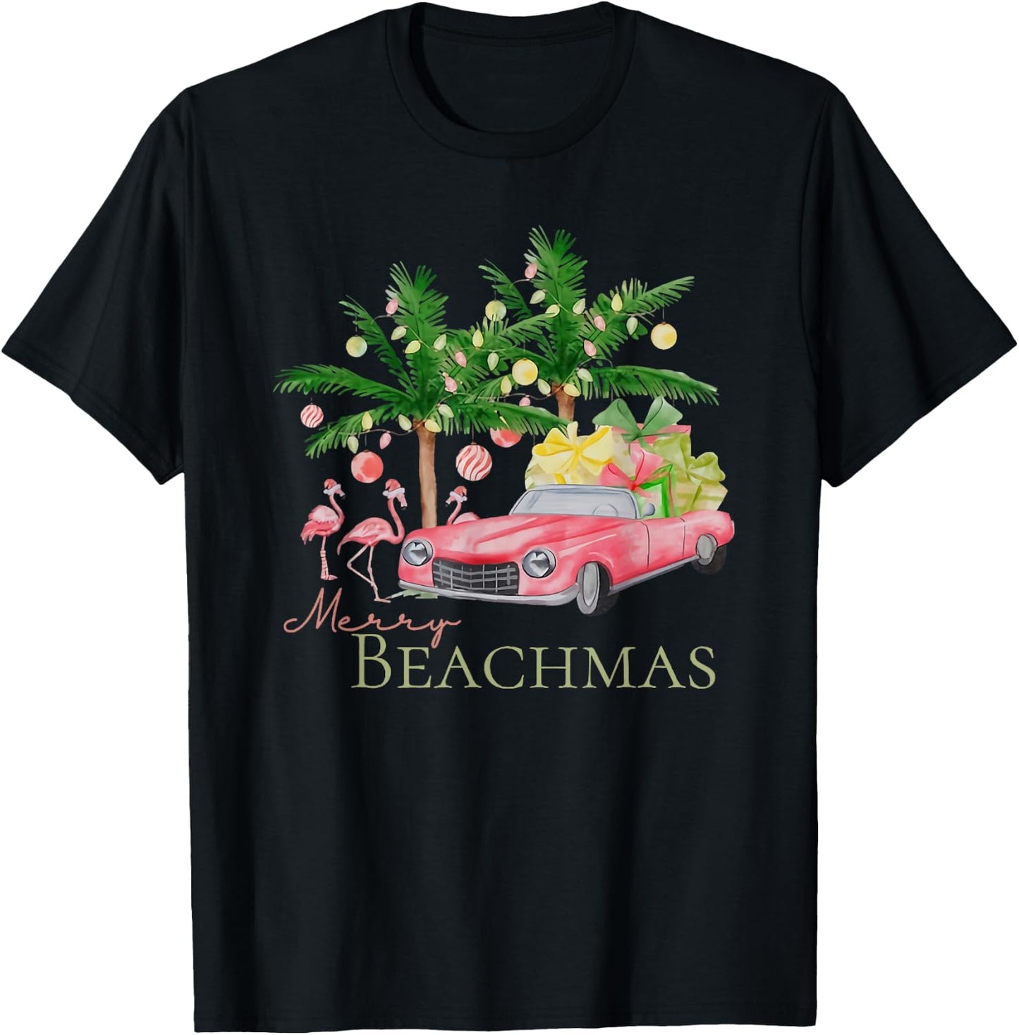 Merry Beachmas Tropical Christmas Santa Flamingo Hawaii Men Women T-Shirt - T-Shirt | Black