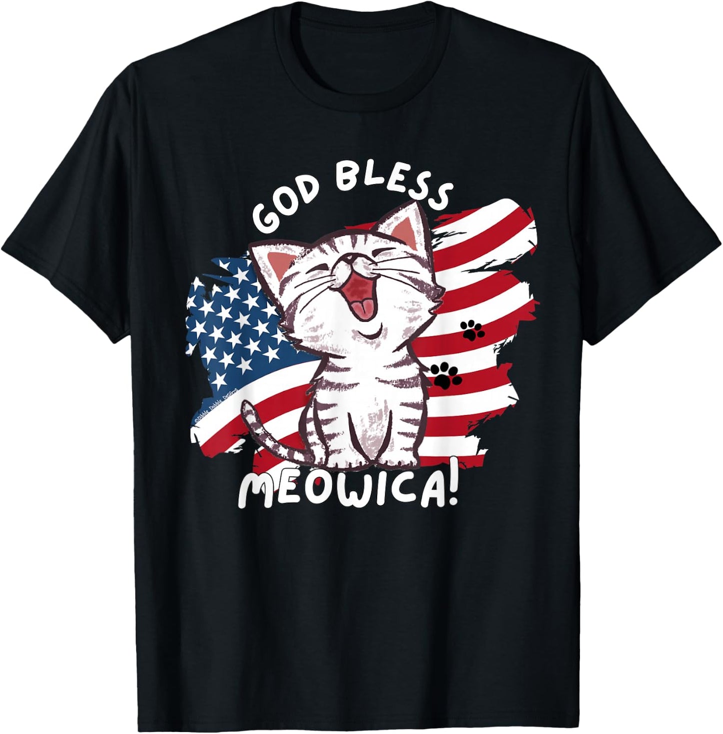 Funny Cat Lovers God Bless Meowica Patriotic 4th of July T-Shirt - T-Shirt | Black