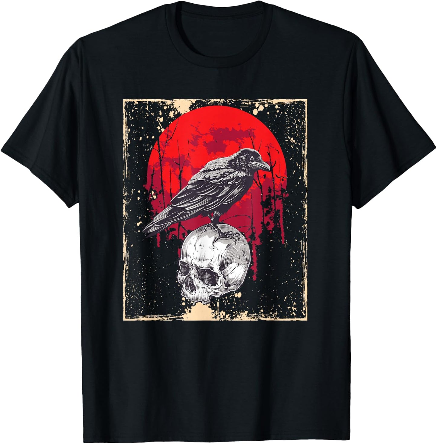 Gothic Raven Skull Red Moon Black Crow T-Shirt - T-Shirt | Black