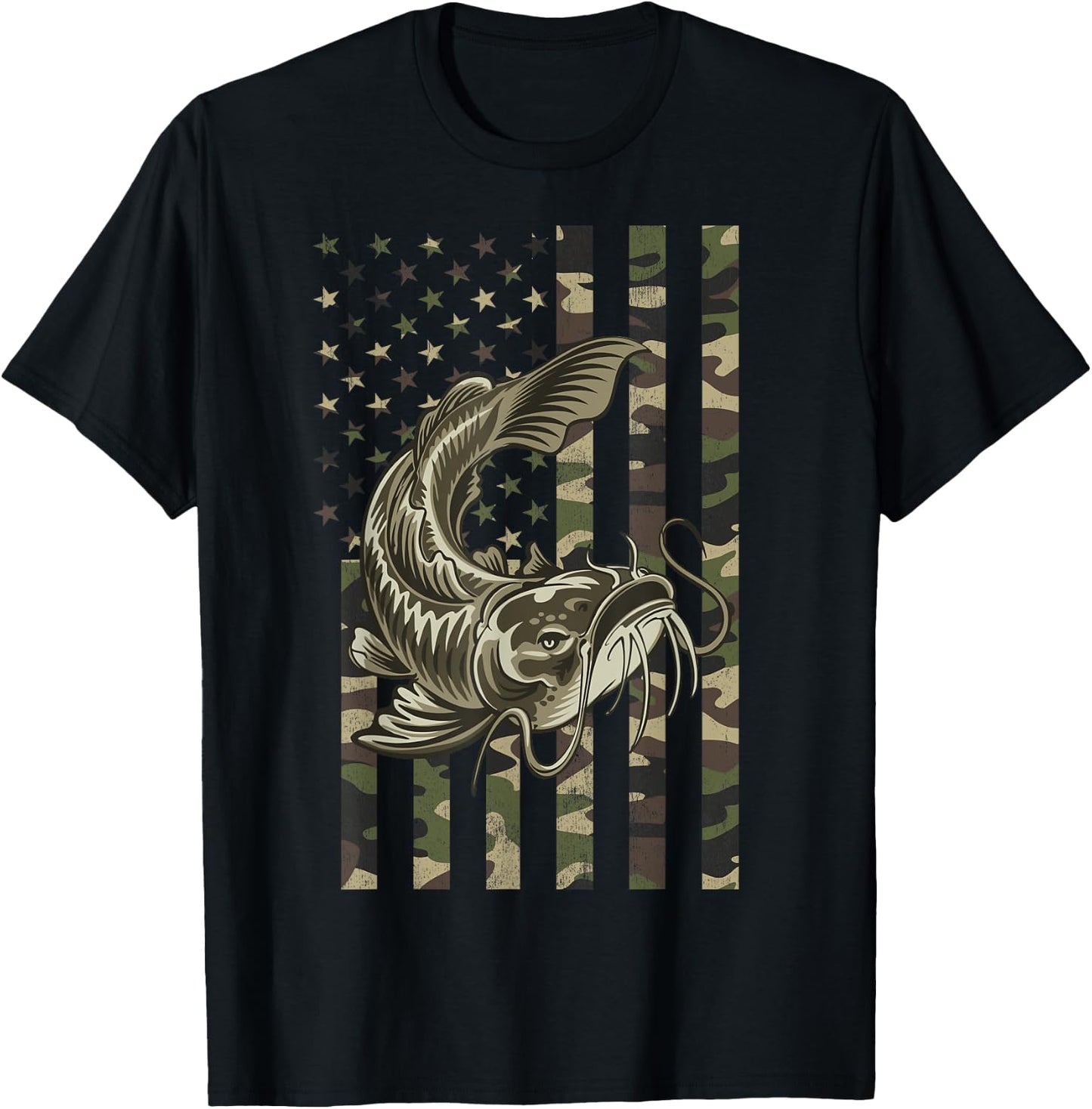 Catfishing, Camo American Flag with Catfish T-Shirt - T-Shirt | Black
