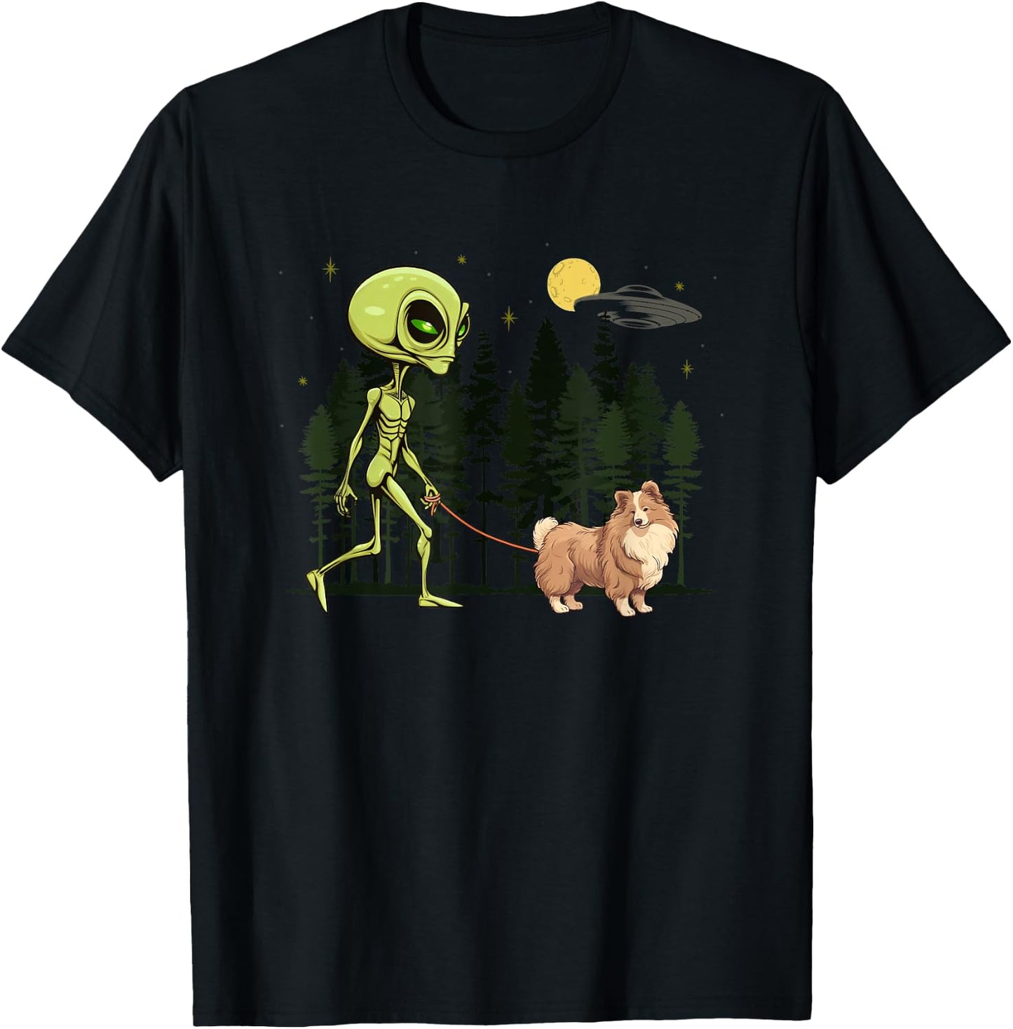 Funny Shetland Sheepdog Sheltie Alien Walking UFO Pet Dog Women Kids T-Shirt - T-Shirt | Black