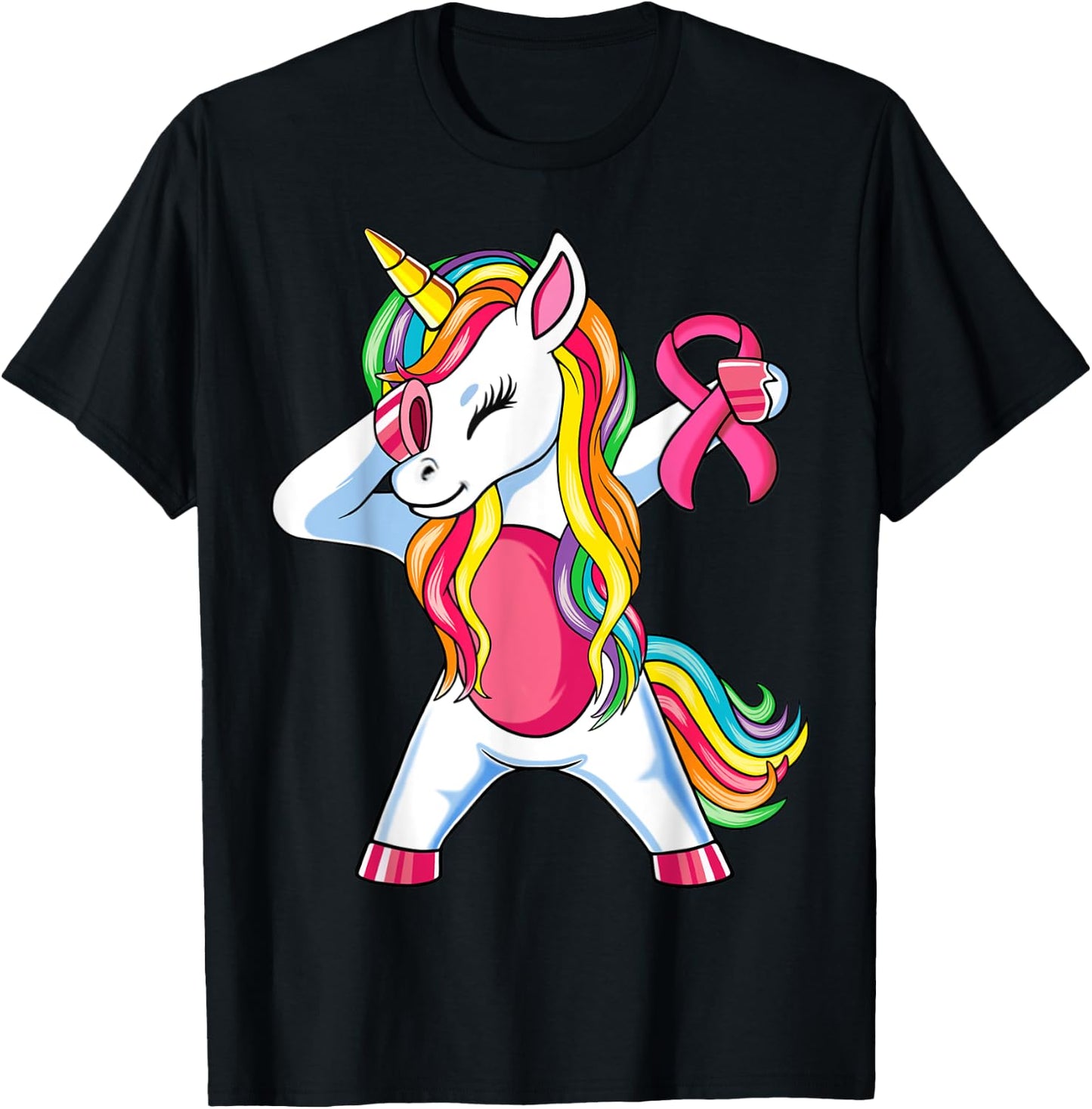Pink Ribbon Unicorn Breast Cancer Awareness for Girls Kids T-Shirt - T-Shirt | Black
