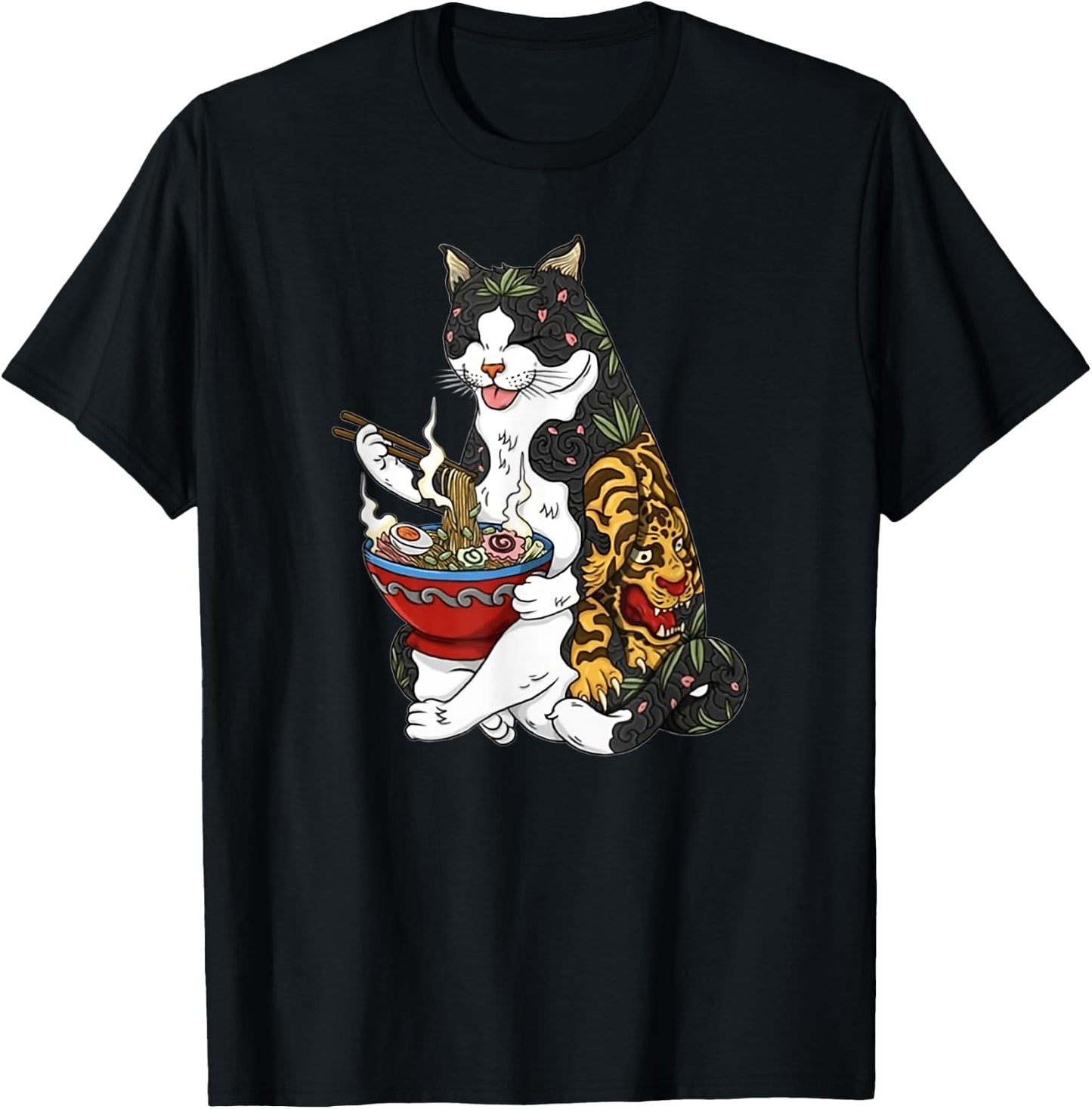 Cat eating noodle 90s retro T-Shirt - T-Shirt | Black
