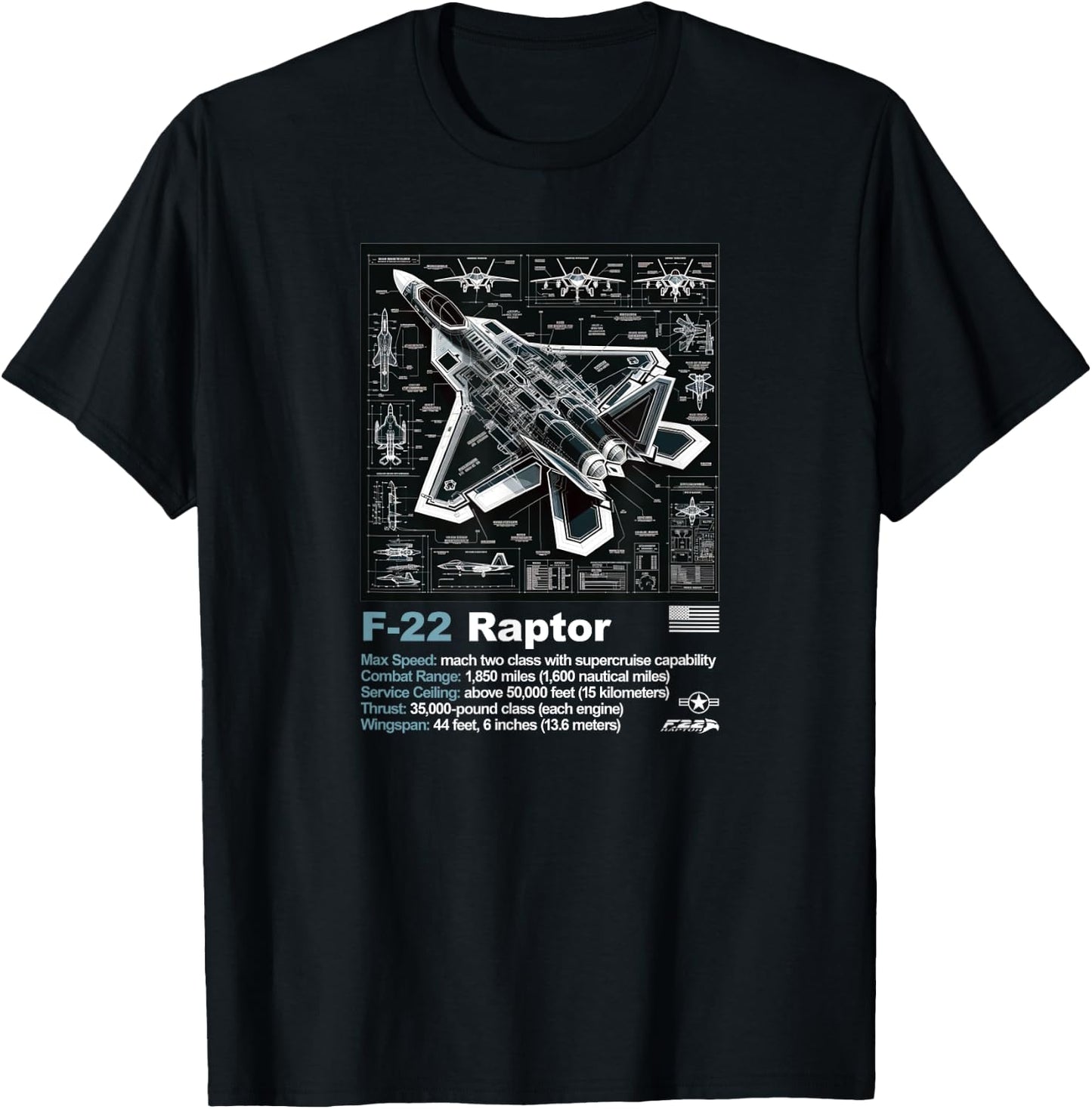 F22 Raptor Fighter Jet Blueprint Technical Drawing & Specs T-Shirt - T-Shirt | Black